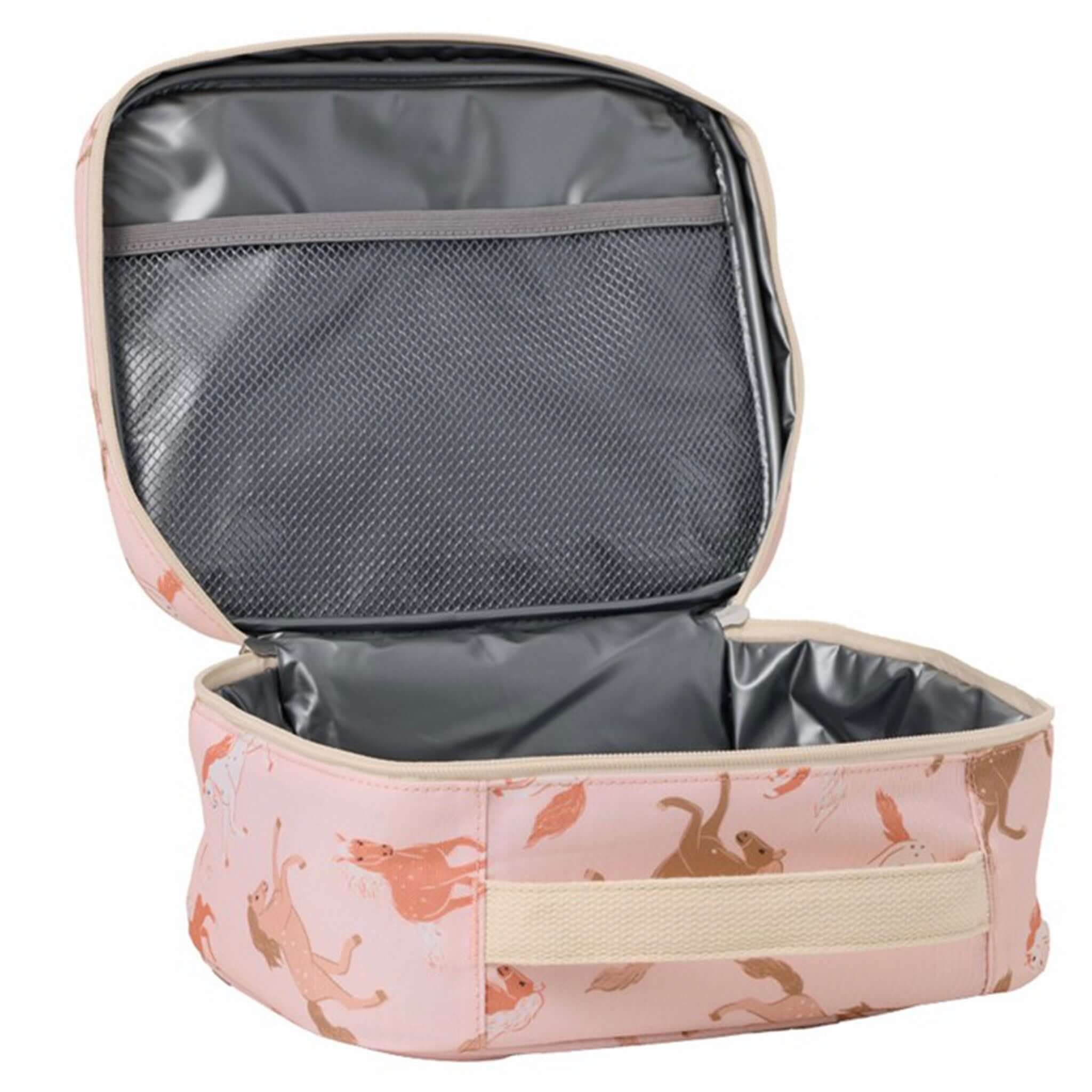 Alt Tag: Crywolf Everyday Lunch Bag - Blush Ponies insulated lunch bag open view with EVA lining, mesh pocket, water-resistant recycled material