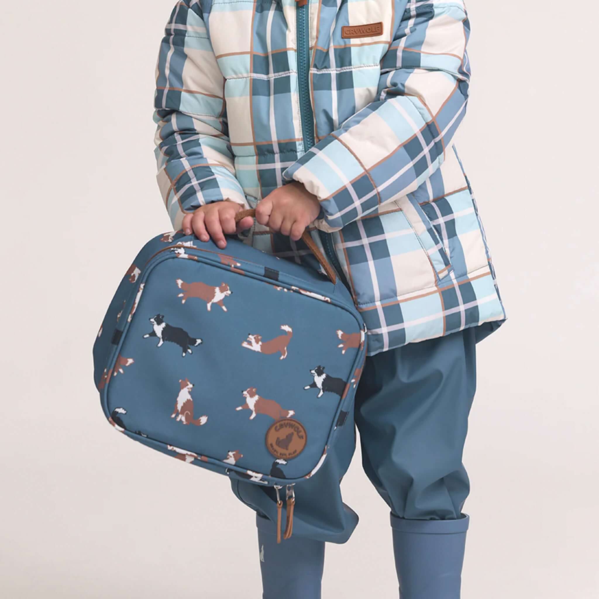 Alt Tag: Crywolf Everyday Lunch Bag - Collies insulated kids lunch bag in Collies print, water-resistant recycled material, easy carry handle