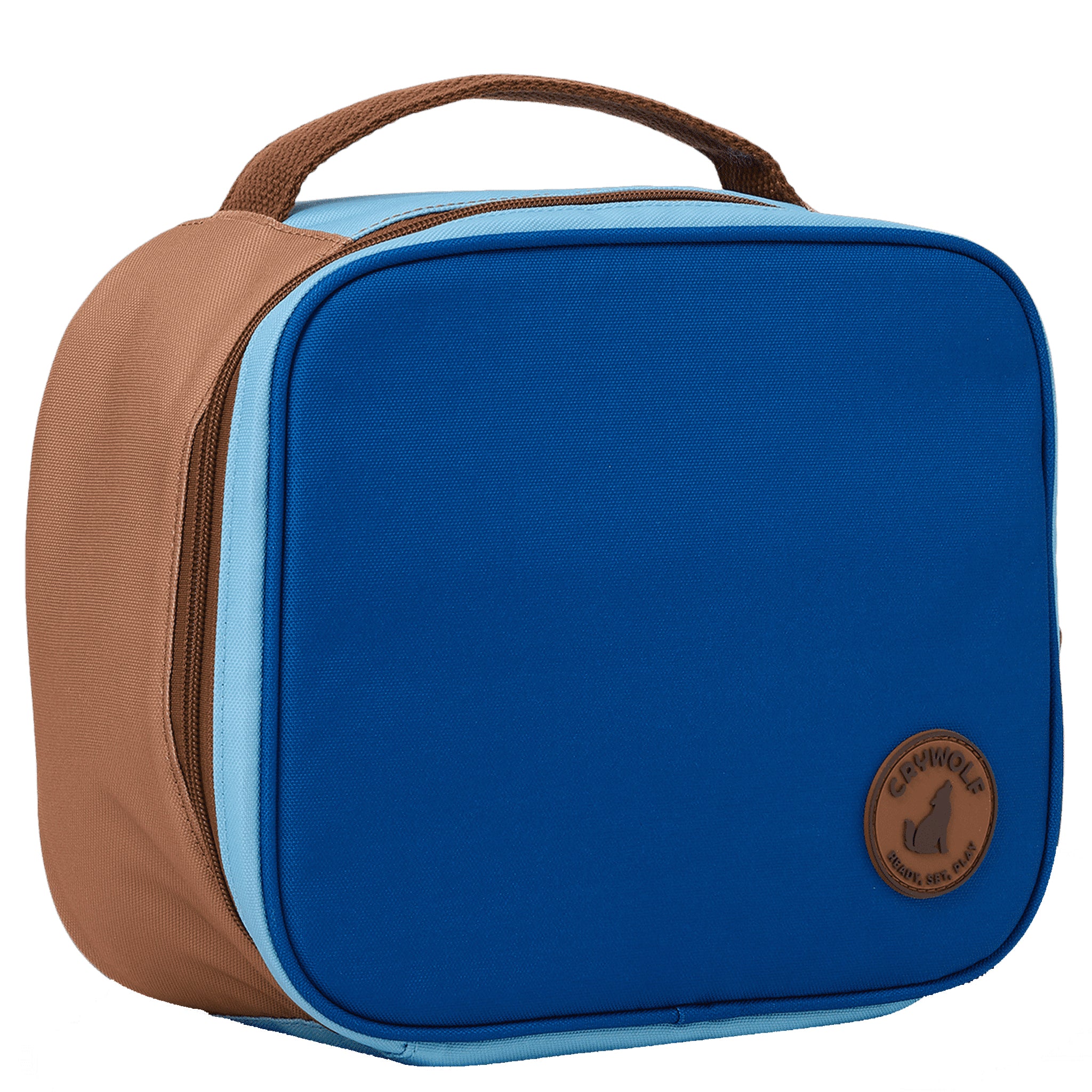 Blue rectangular lunch bag with brown handle and logo on a white background