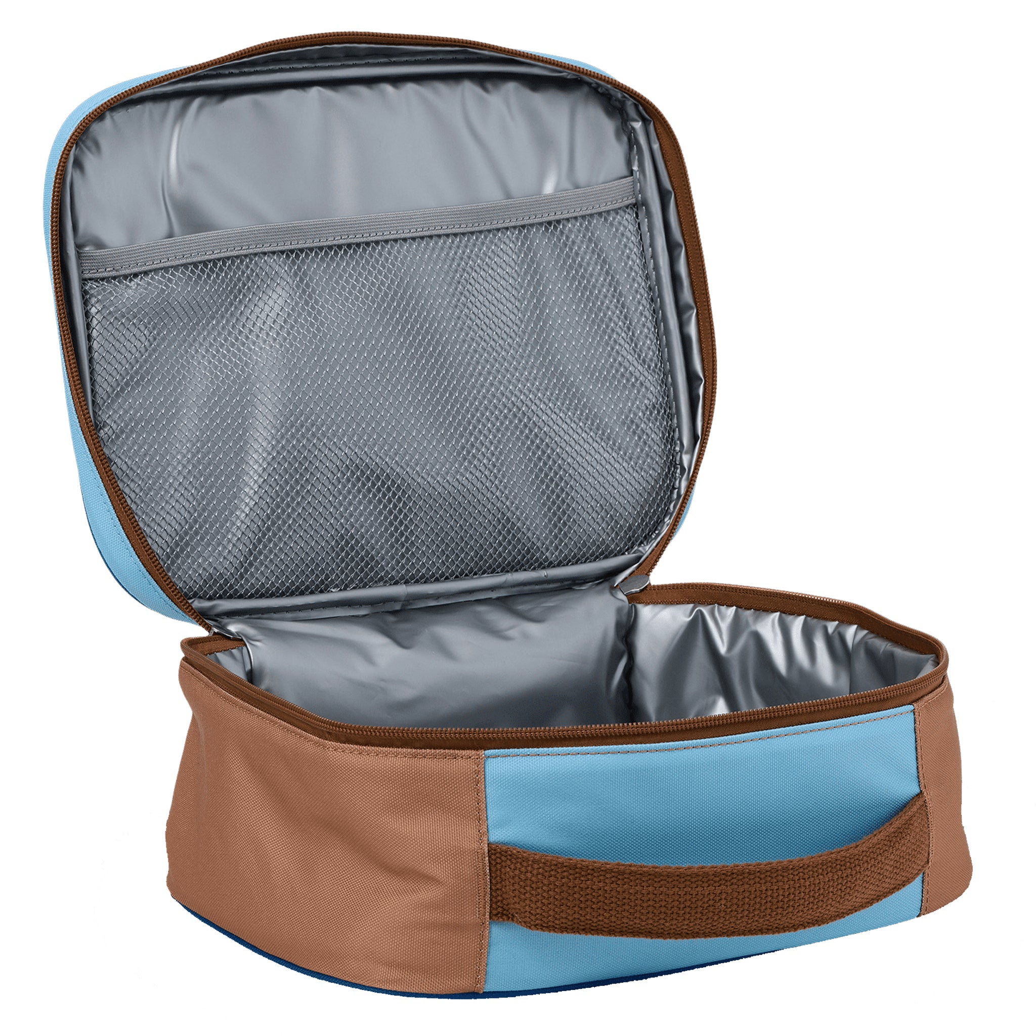Open cooler bag with blue exterior and brown interior on a white background