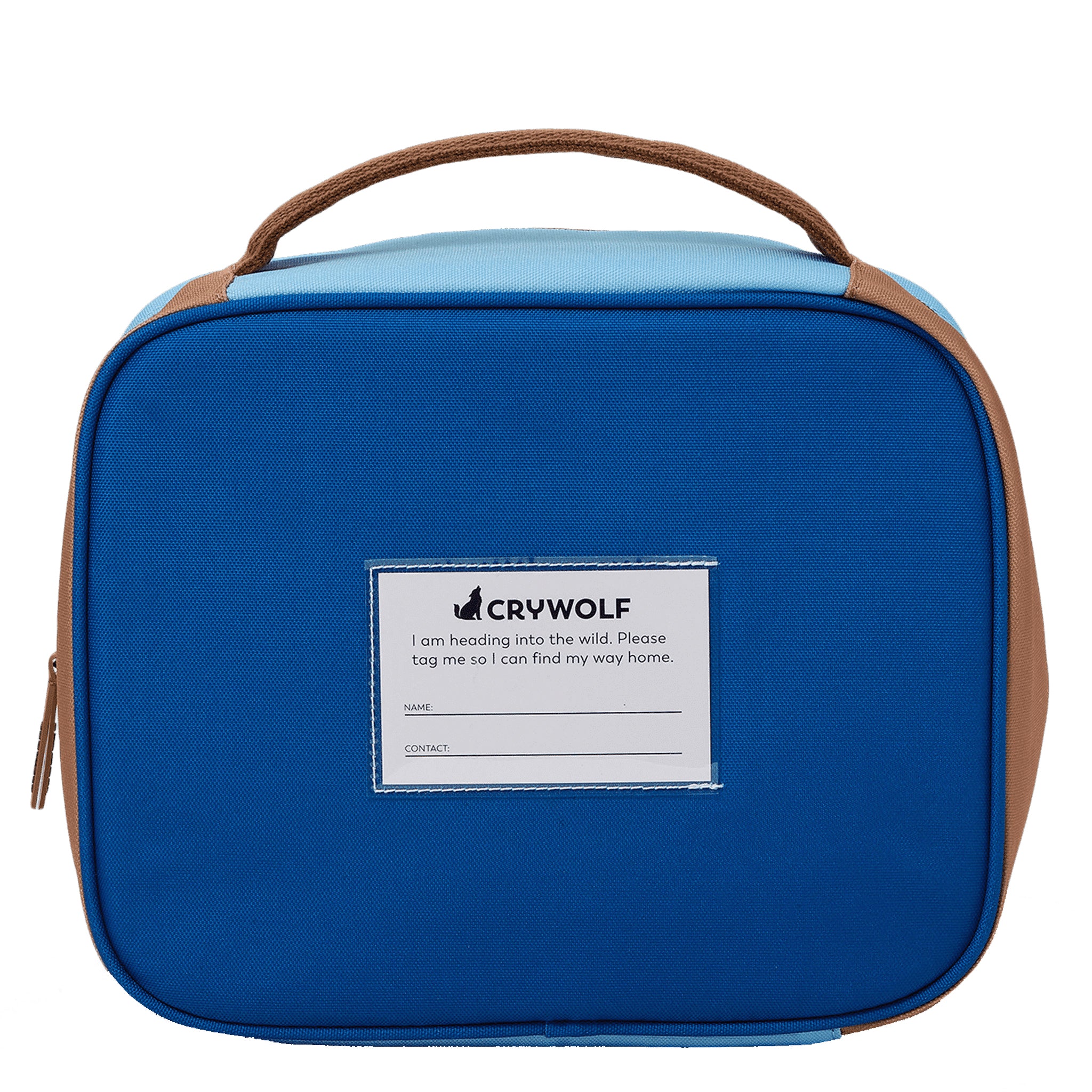 Blue rectangular lunch bag with brown handle and logo on a white background