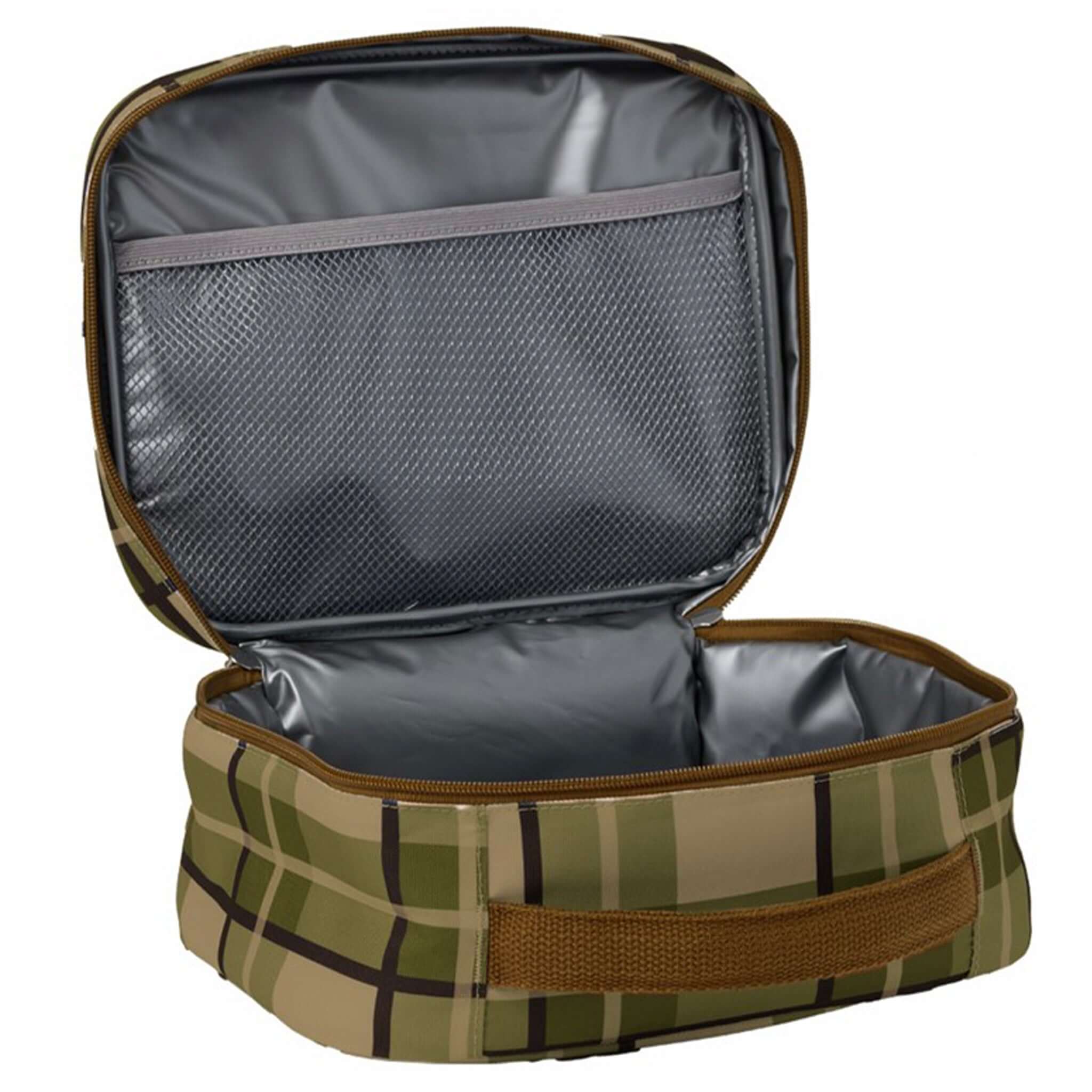 Alt Tag: Crywolf Everyday Lunch Bag - Field Plaid open insulated lunch bag with mesh pocket and water-resistant recycled exterior