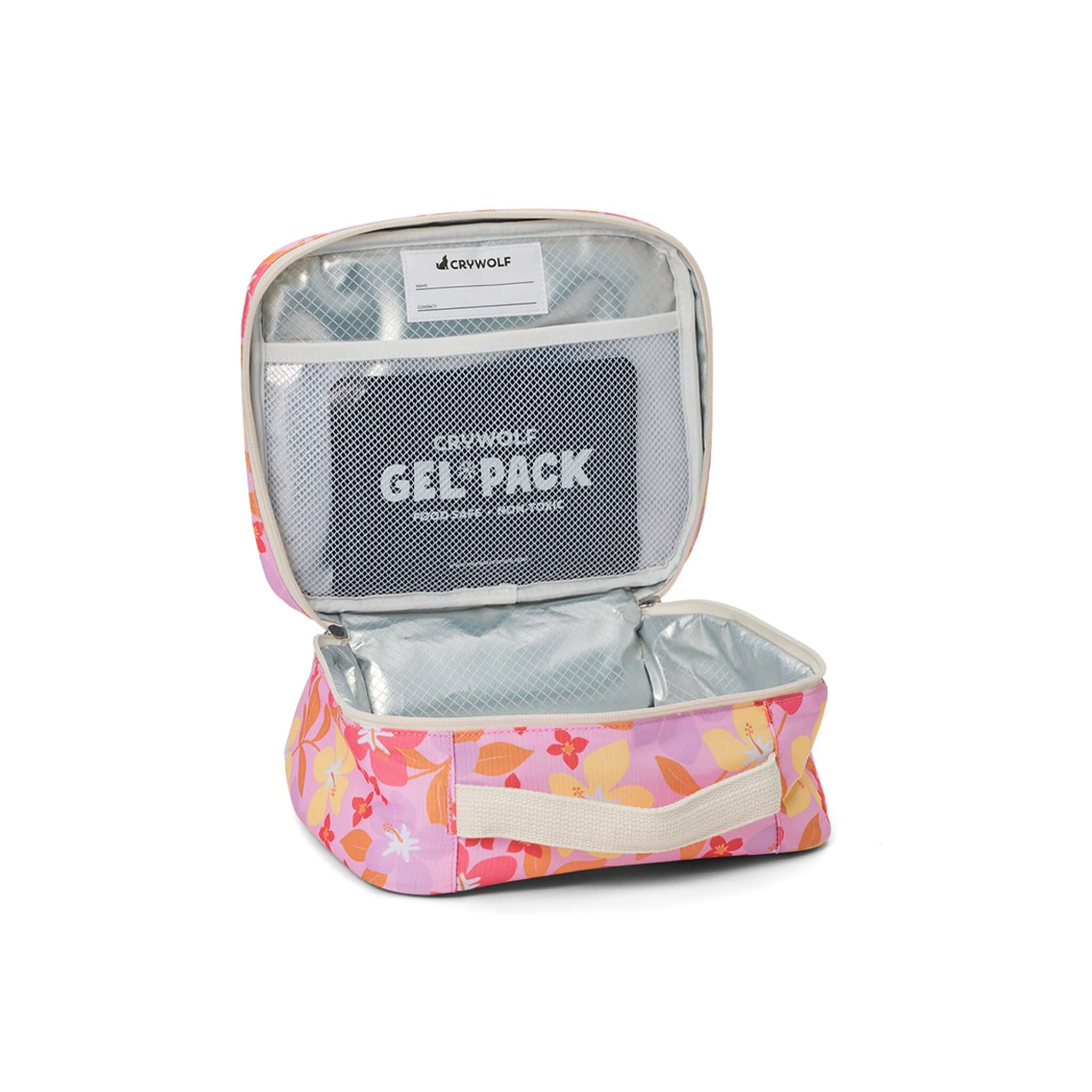 Open Crywolf Everyday Lunch Bag - Hibiscus Daze showcasing gel pack and insulated interior.