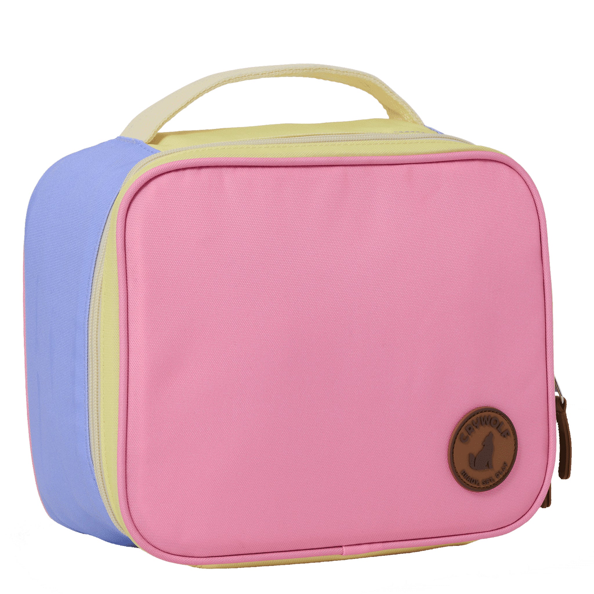 Pink rectangular lunch bag with a handle and visible brand logo on a white background