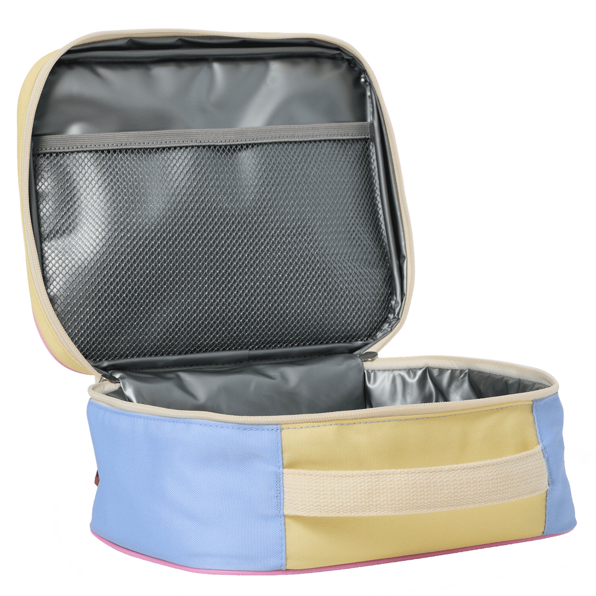 Pink rectangular lunch bag with a handle and visible brand logo on a white background