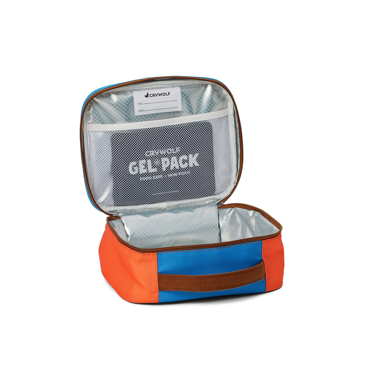 Crywolf Everyday Lunch Bag - Seaside Colourblock opened with gel pack, showcasing vibrant interior and insulated design.