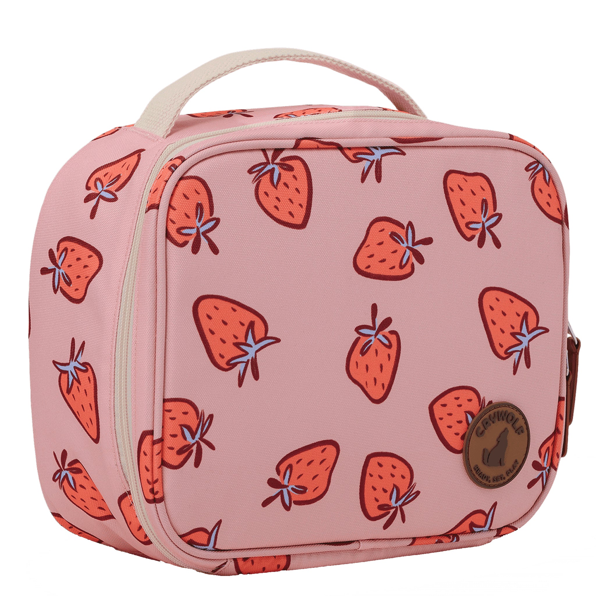 Pink lunch bag with strawberry pattern on a white background