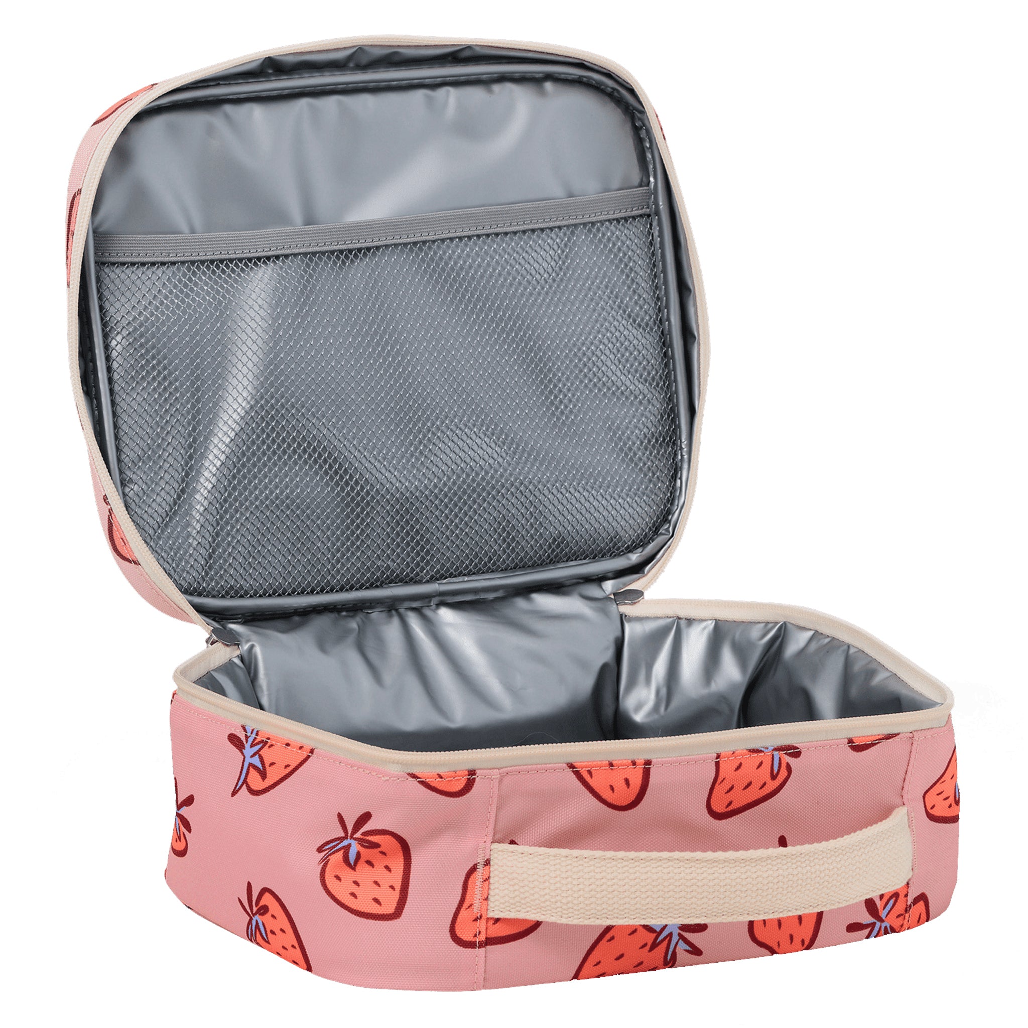 Pink rectangular lunch bag with strawberry pattern on a white background