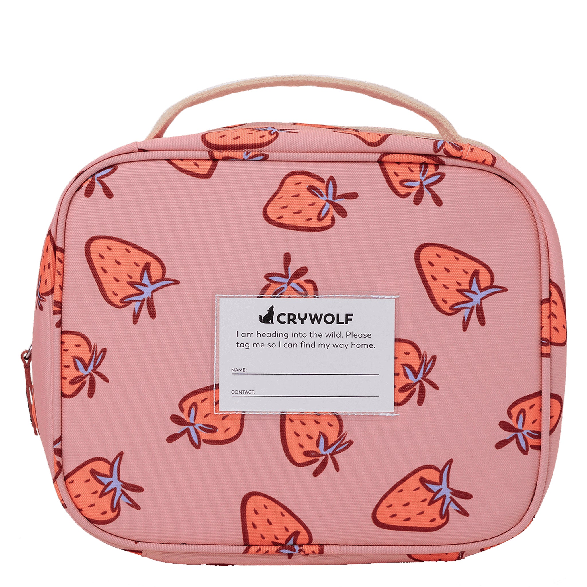 Pink rectangular lunch bag with strawberry pattern on a white background