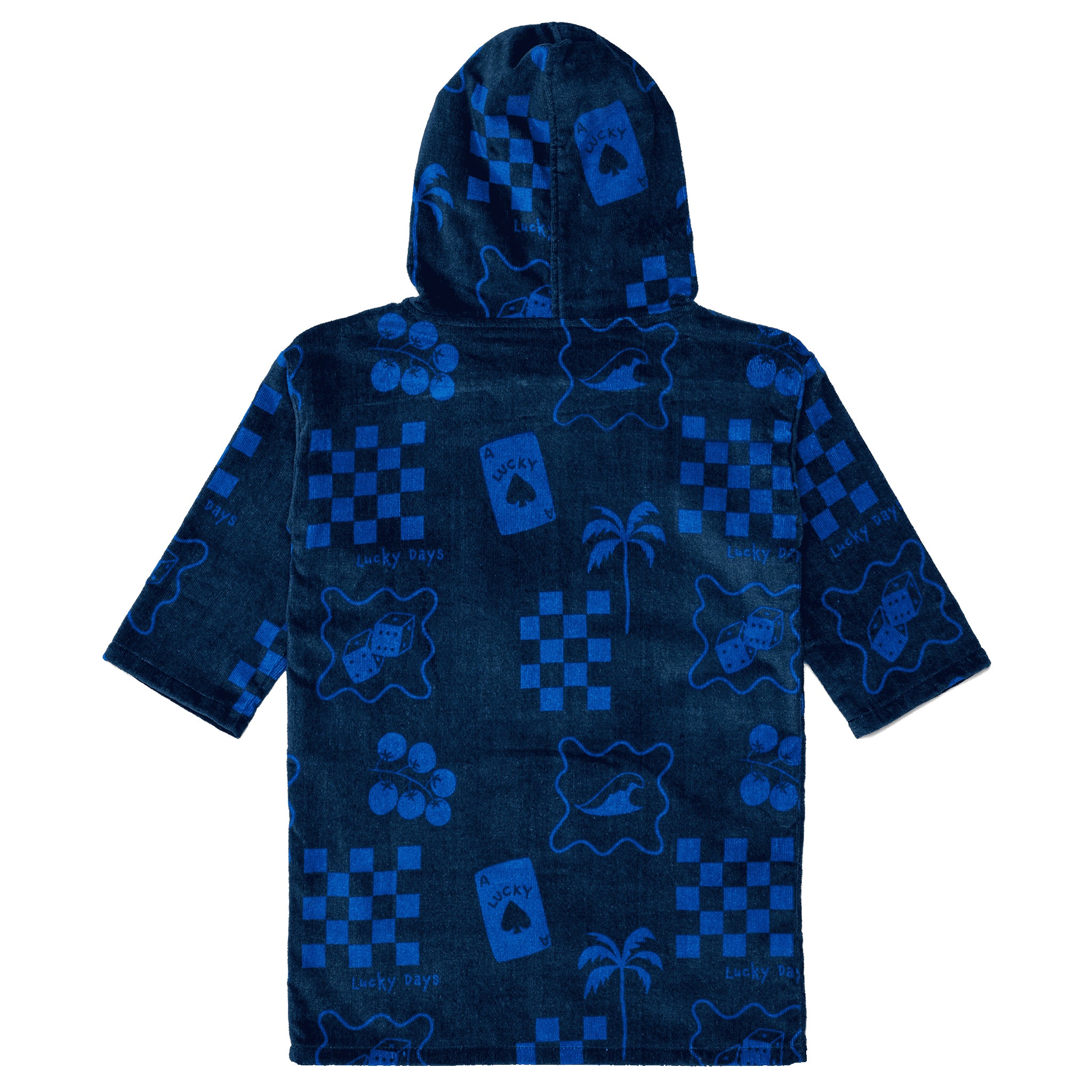 Dark blue children's zip up towel on a white background