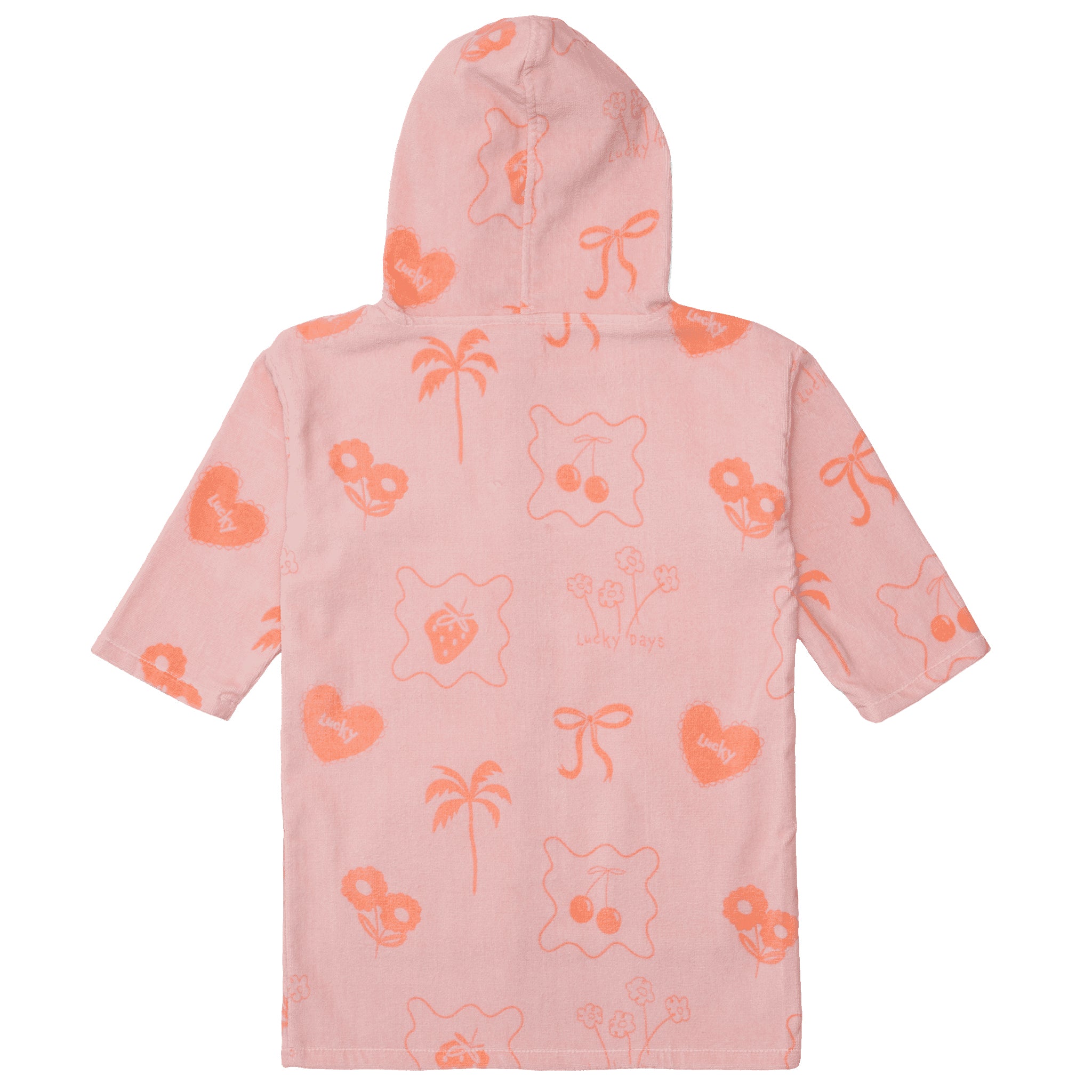 Pink children's zip up towel with orange floral patterns on a white background