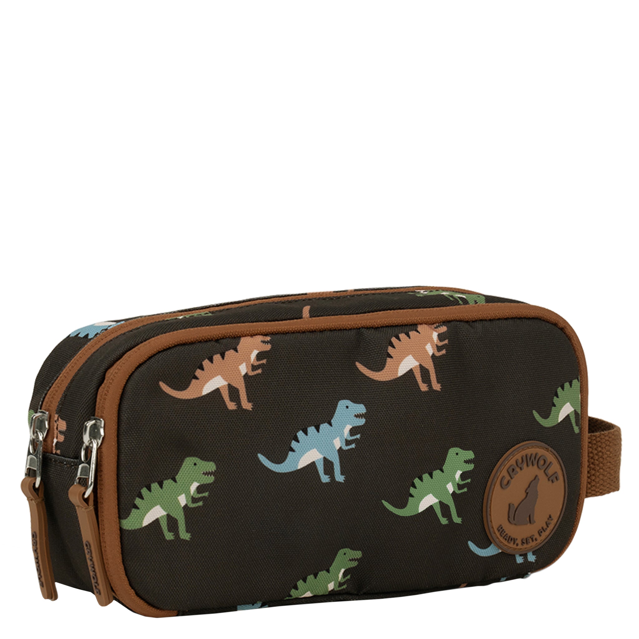 Black pencil case with dinosaur pattern and visible brand logo on a white background