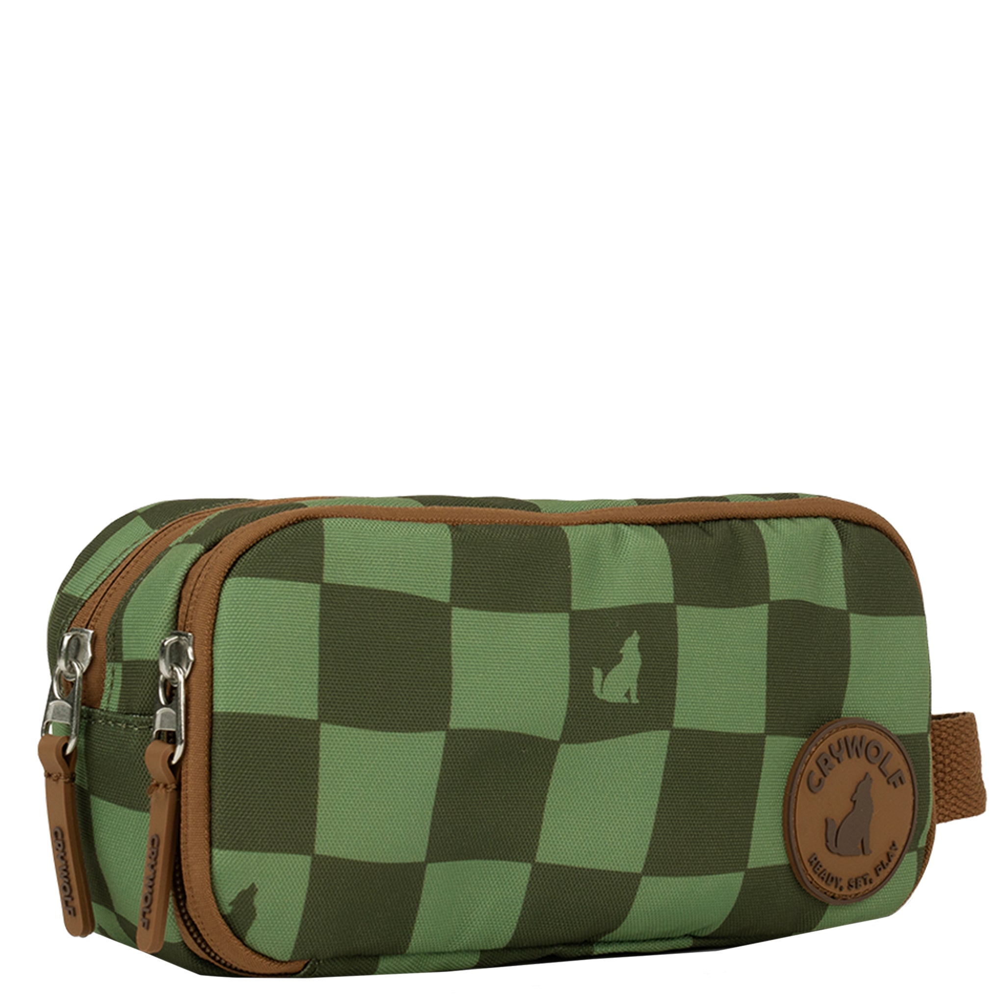 Green checkered pencil case with brown accents and a visible brand logo on a white background