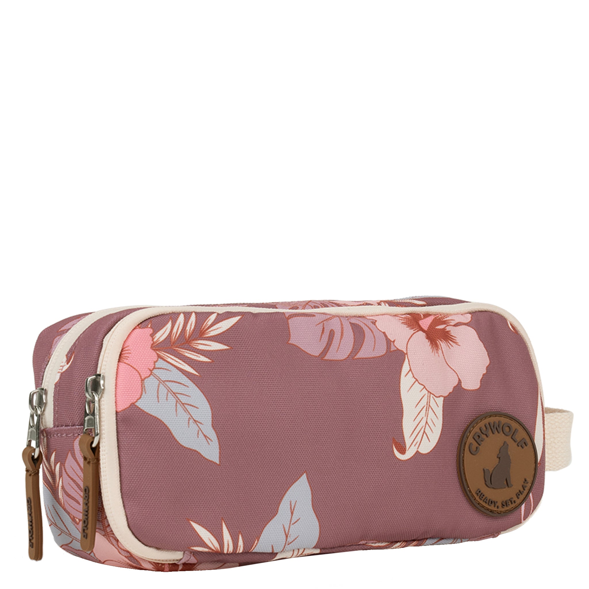 Floral-patterned pencil case with a visible brand logo on a white background