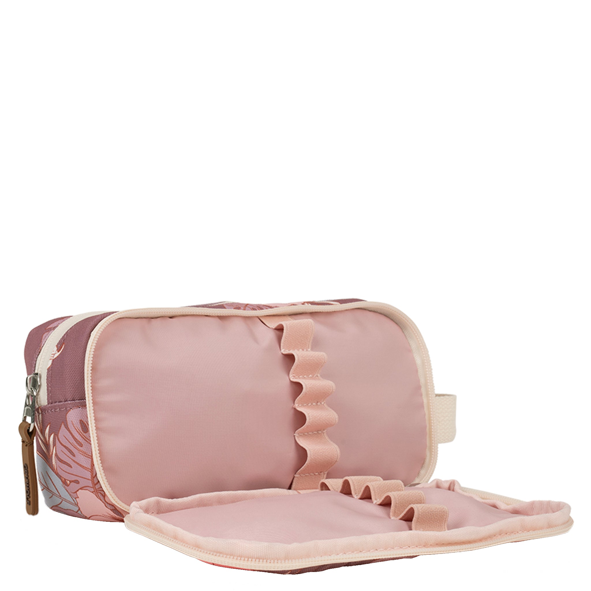 Pink pencil case with floral design on a white background