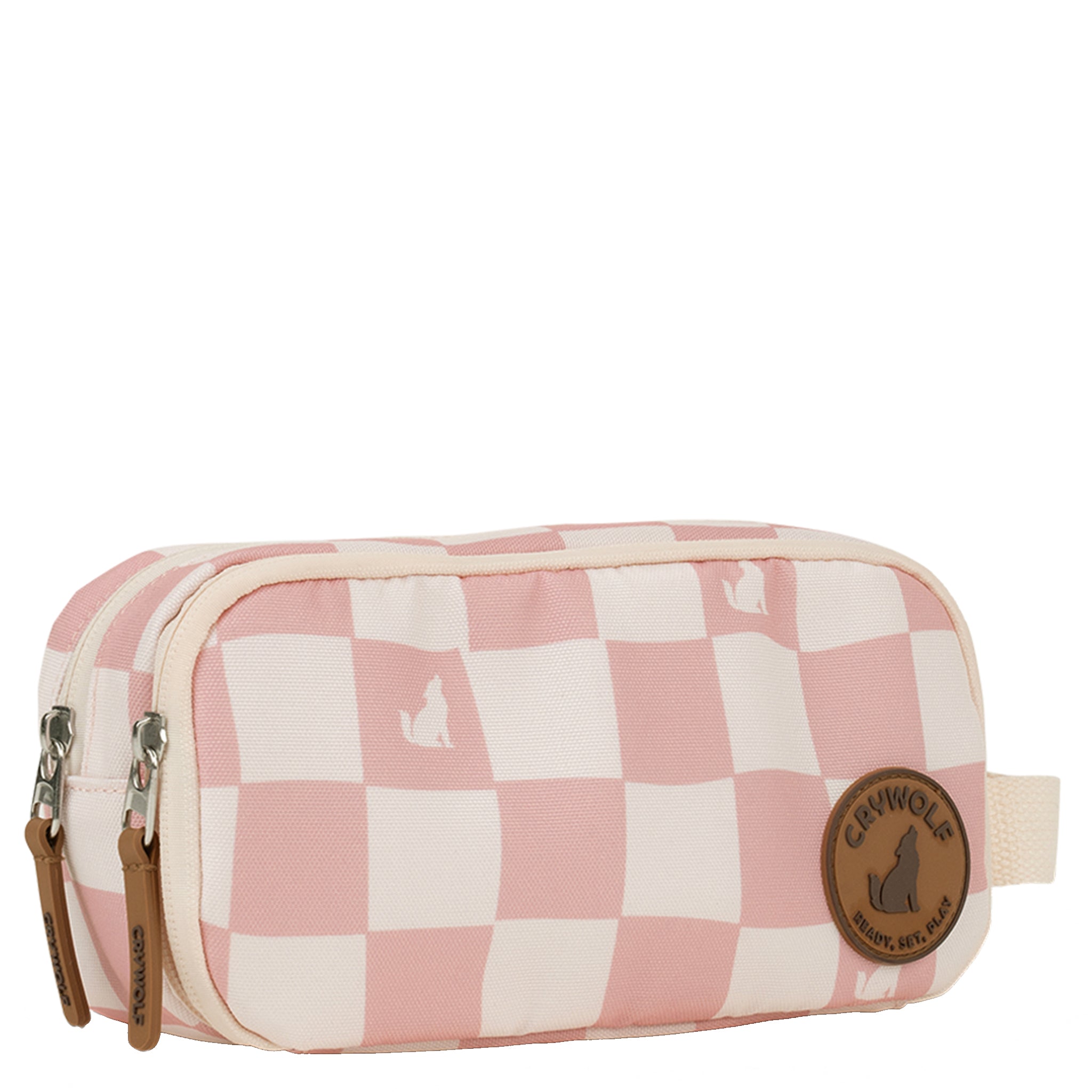 Checkered pencil case with a brand logo on a white background