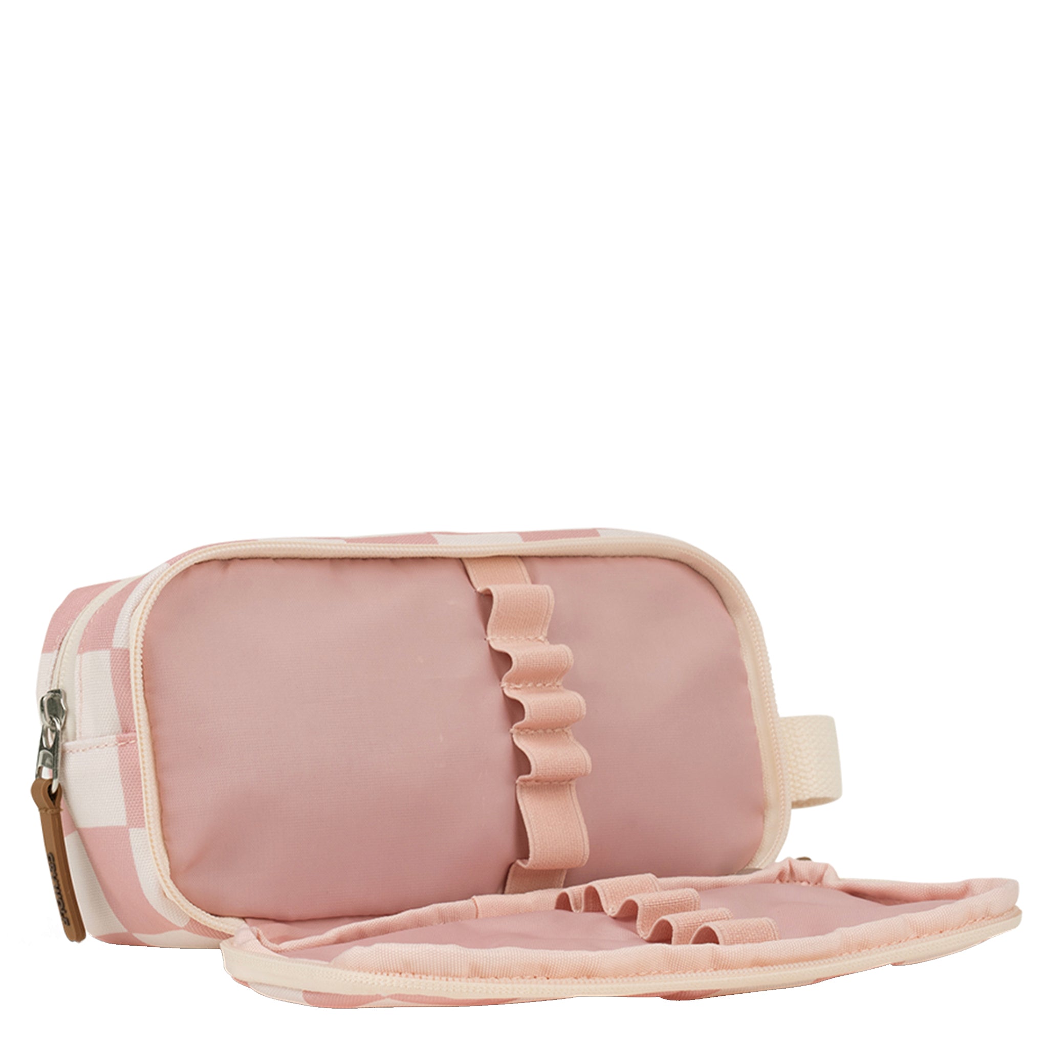 Pink pencil case on a white background