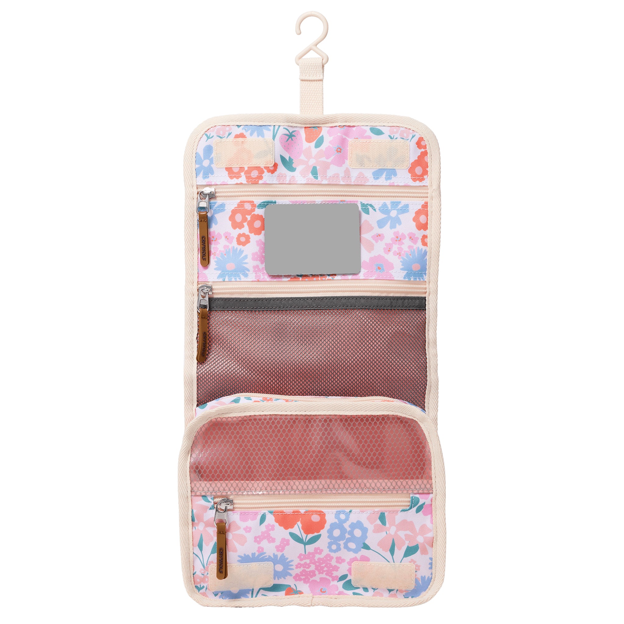 Floral-patterned hanging toiletry bag on a white background