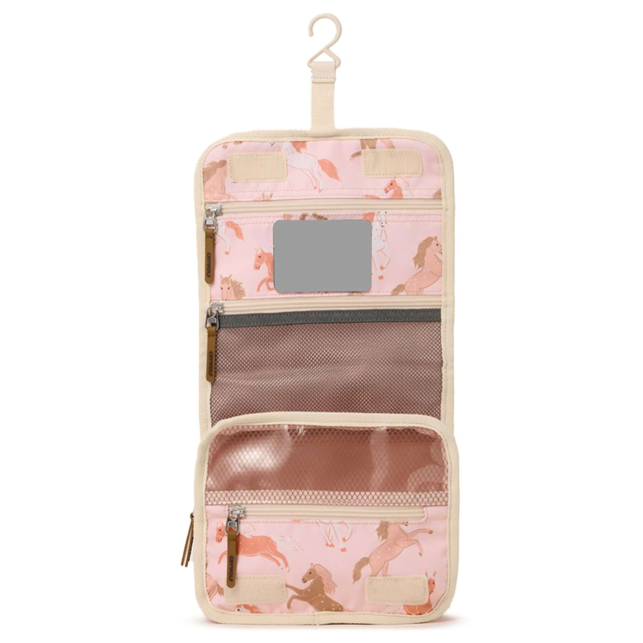 Alt Tag: Crywolf Hanging Toiletry Bag - Blush Ponies hanging kids toiletry bag open with pony print, mesh zip pockets, compartments and mirror