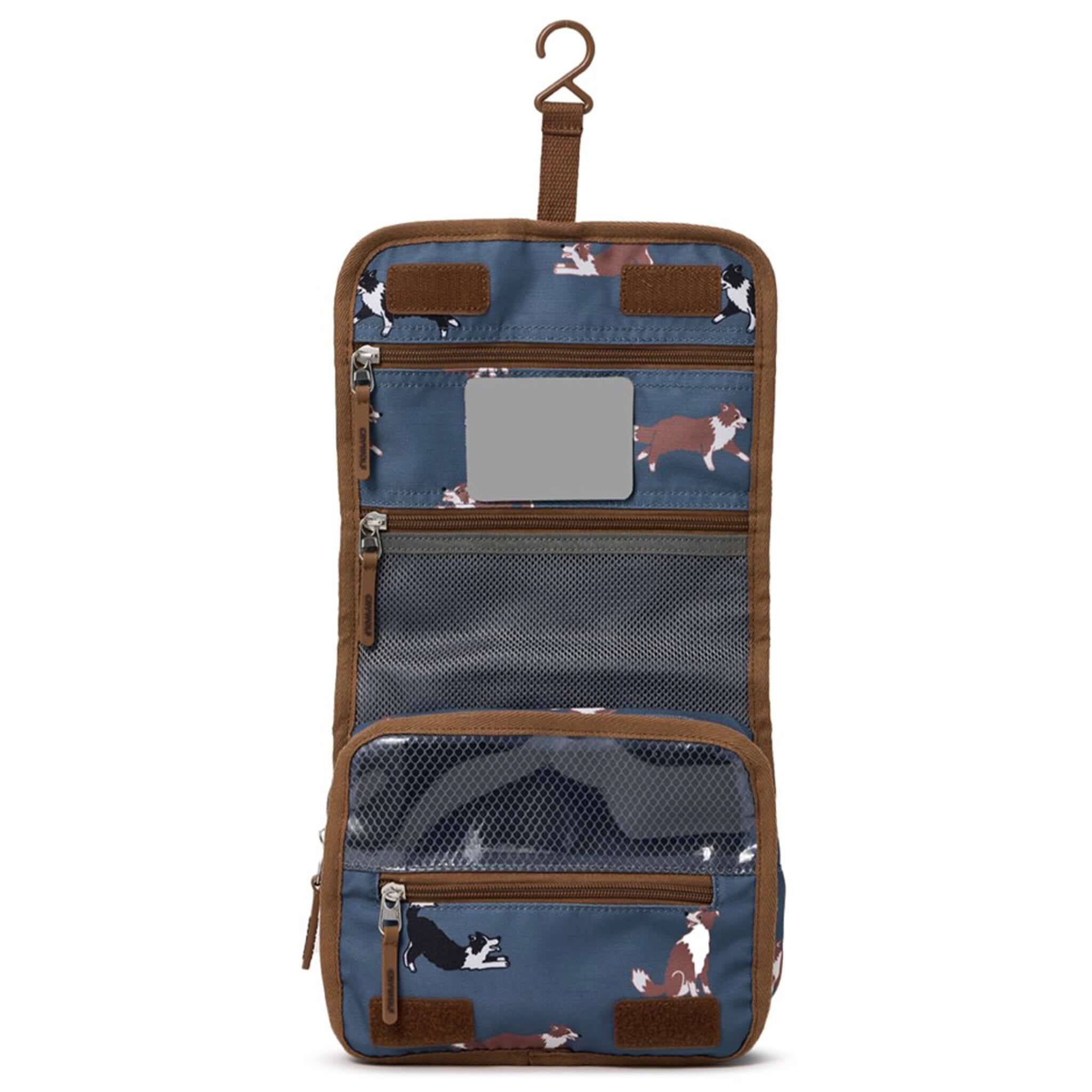 Alt Tag: Crywolf Hanging Toiletry Bag - Collies kids travel bag with hanging hook, collie dog print, mesh zip pockets and mirror