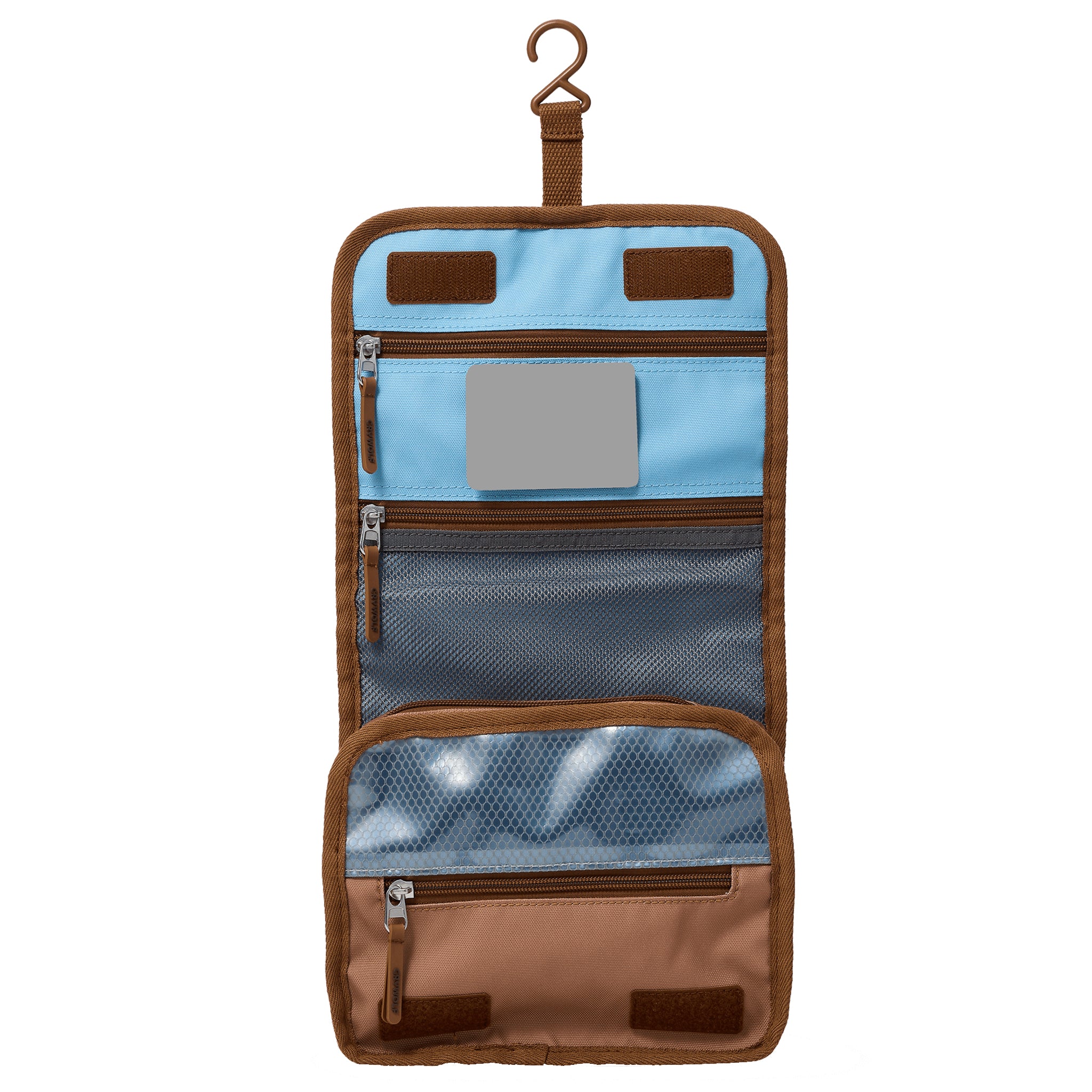 Blue child's toiletry bag with brown handle and trim, featuring a logo on a white background