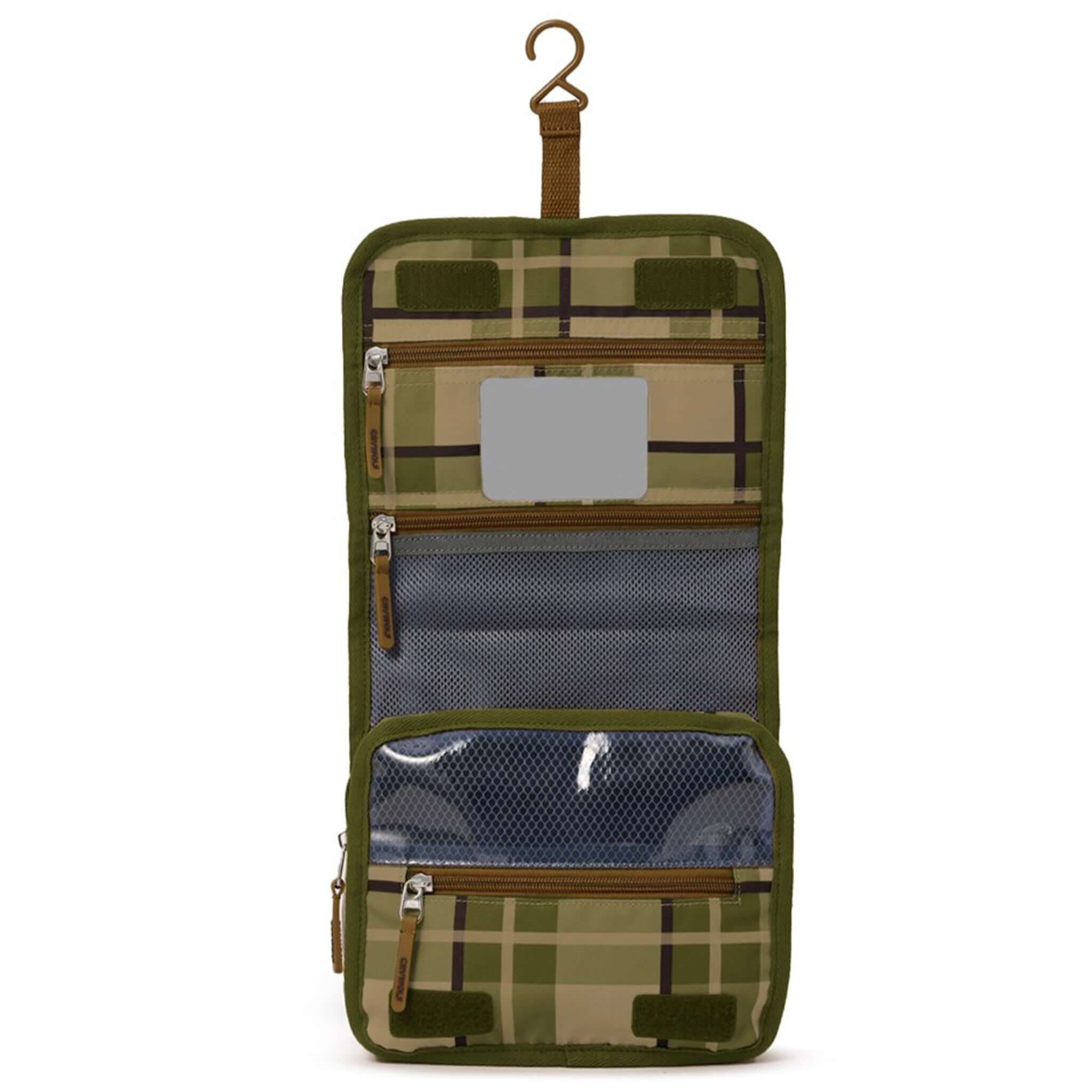 Alt Tag: Crywolf Hanging Toiletry Bag - Field Plaid kids travel toiletry organiser with hook, mesh zip pockets and removable mirror