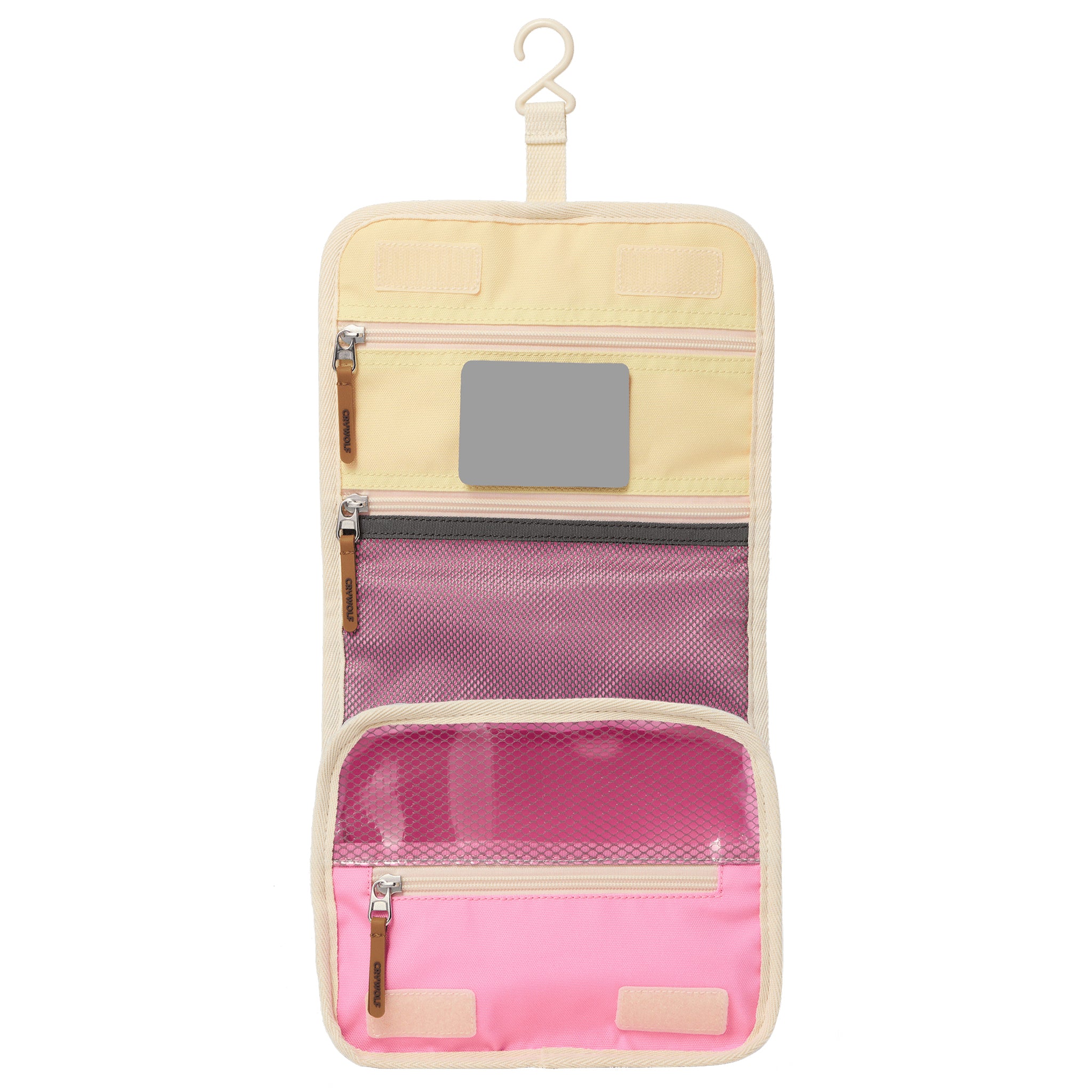 Hanging toiletry bag with multiple compartments on a white background