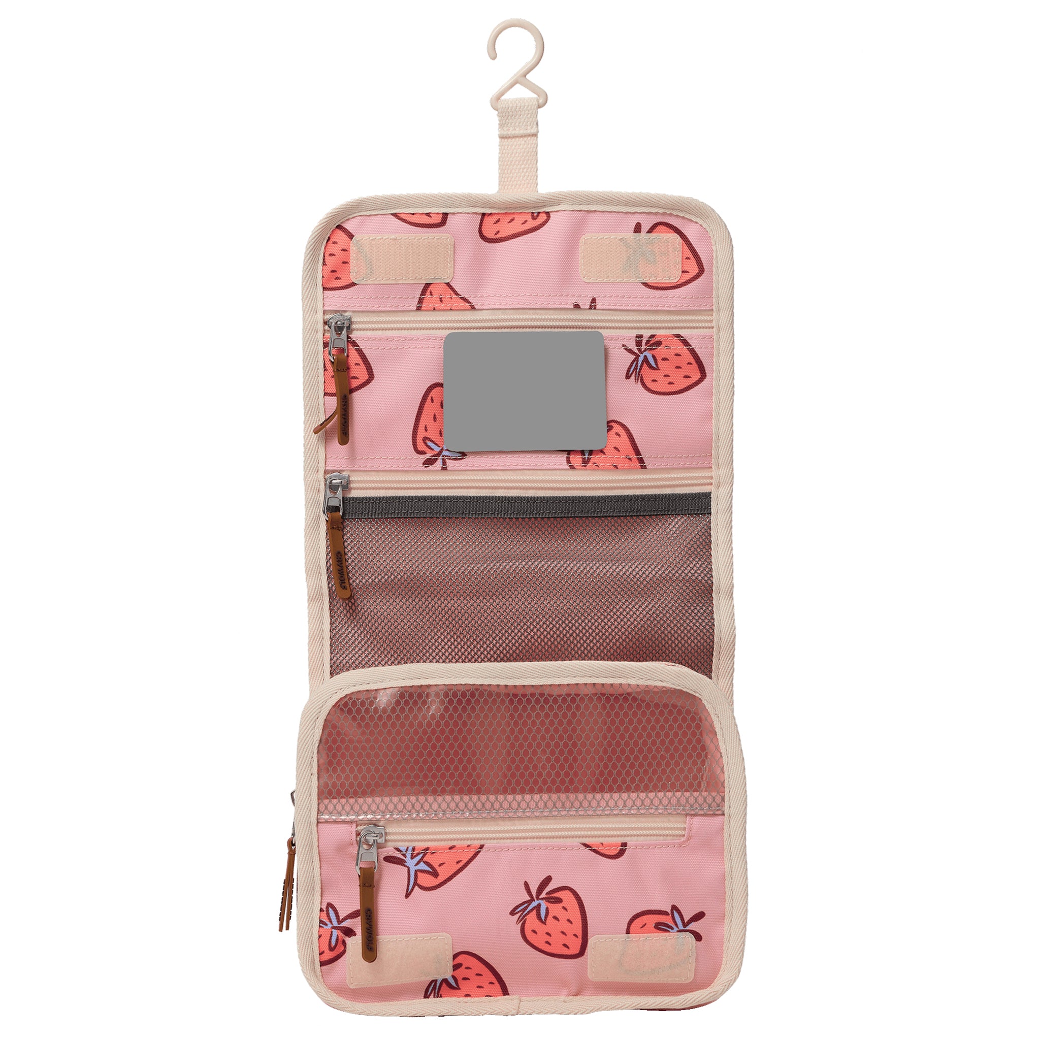 Pink travel organizer with strawberry pattern on a white background