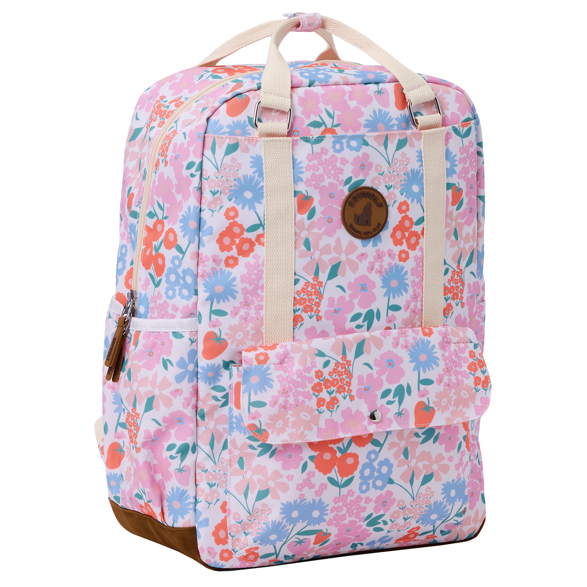 Floral patterned backpack on a white background