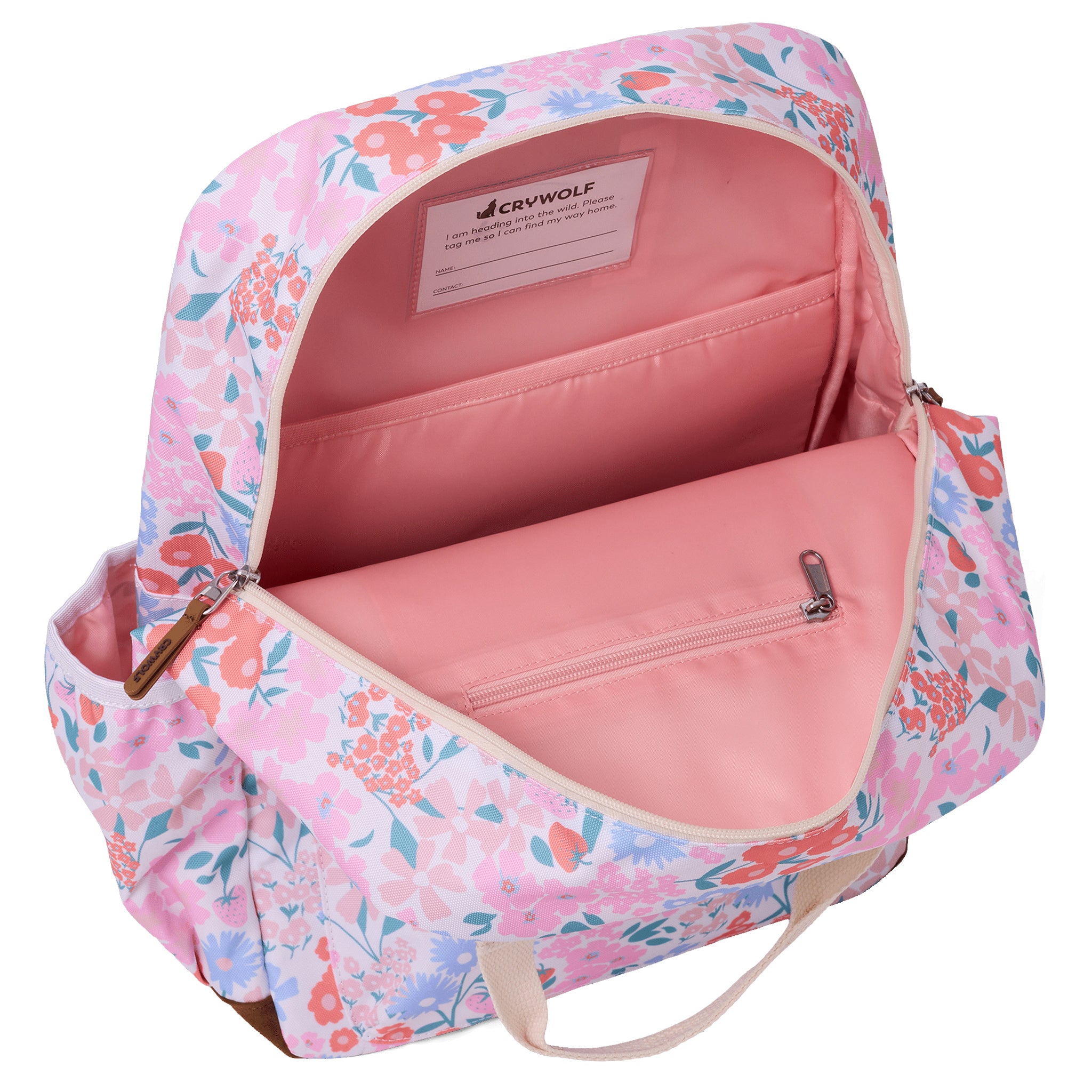 Floral-patterned backpack with pink interior on a white background