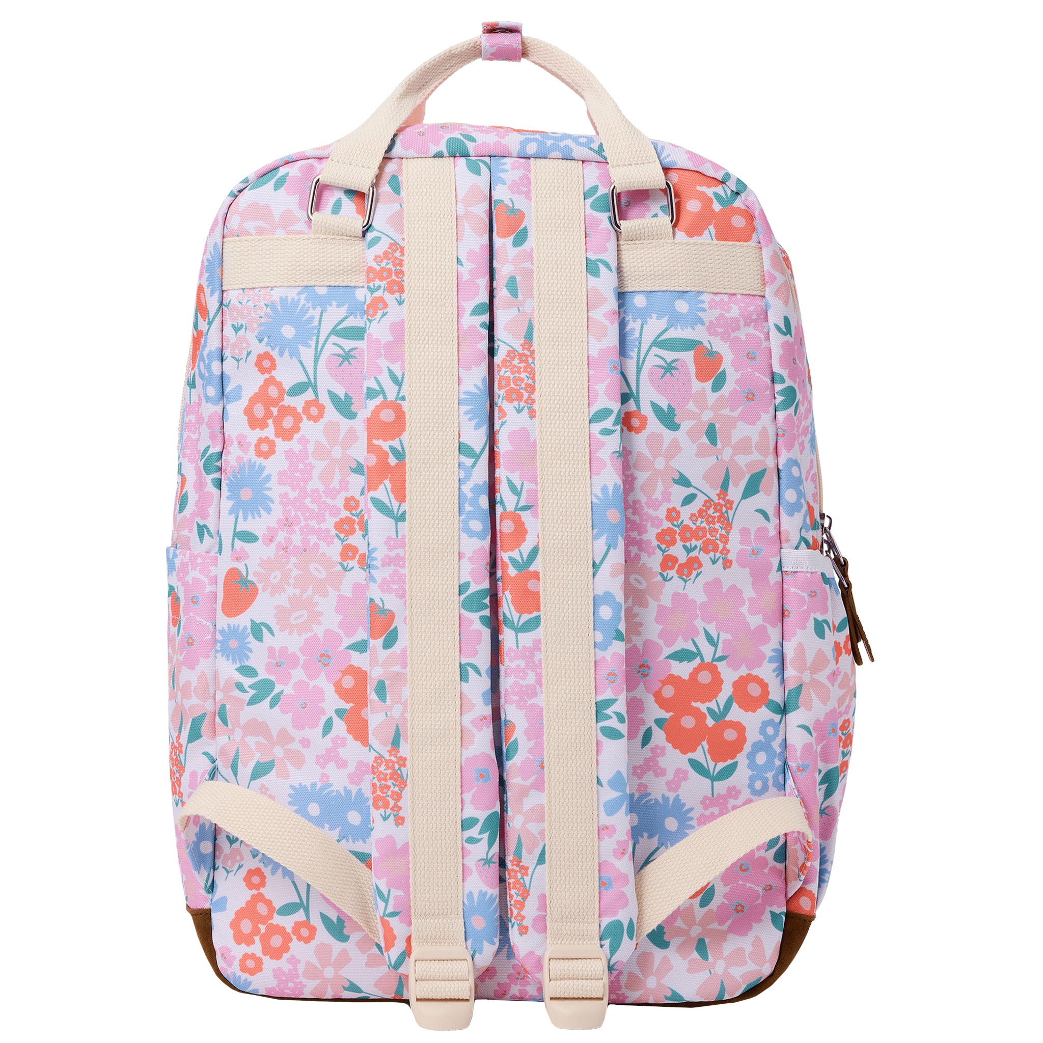 Floral patterned backpack with beige straps on a white background