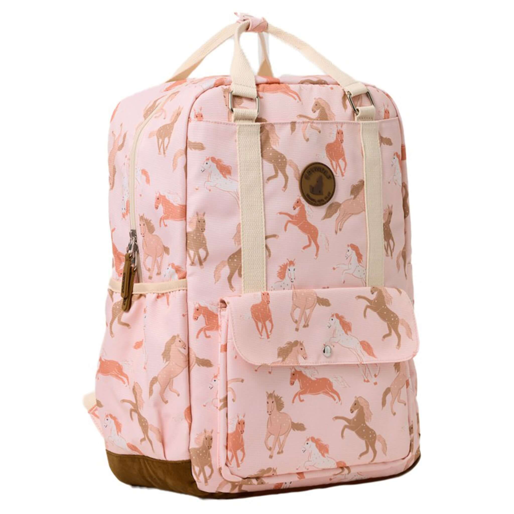 Alt Tag: Crywolf Knapsack - Blush Ponies water-resistant kids backpack in pink pony print with front pocket and top handles