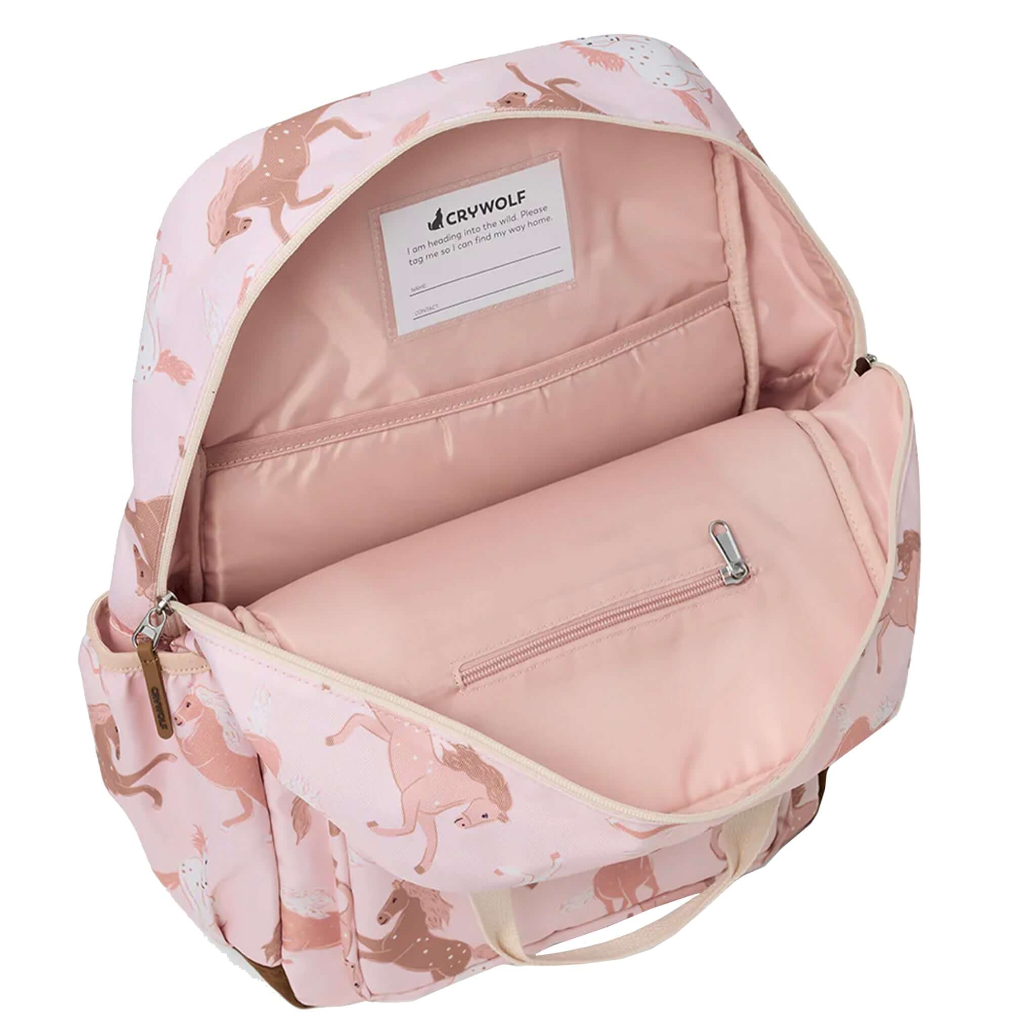 Alt Tag: Crywolf Knapsack - Blush Ponies open kids backpack showing spacious water-resistant interior compartment and front zip pocket