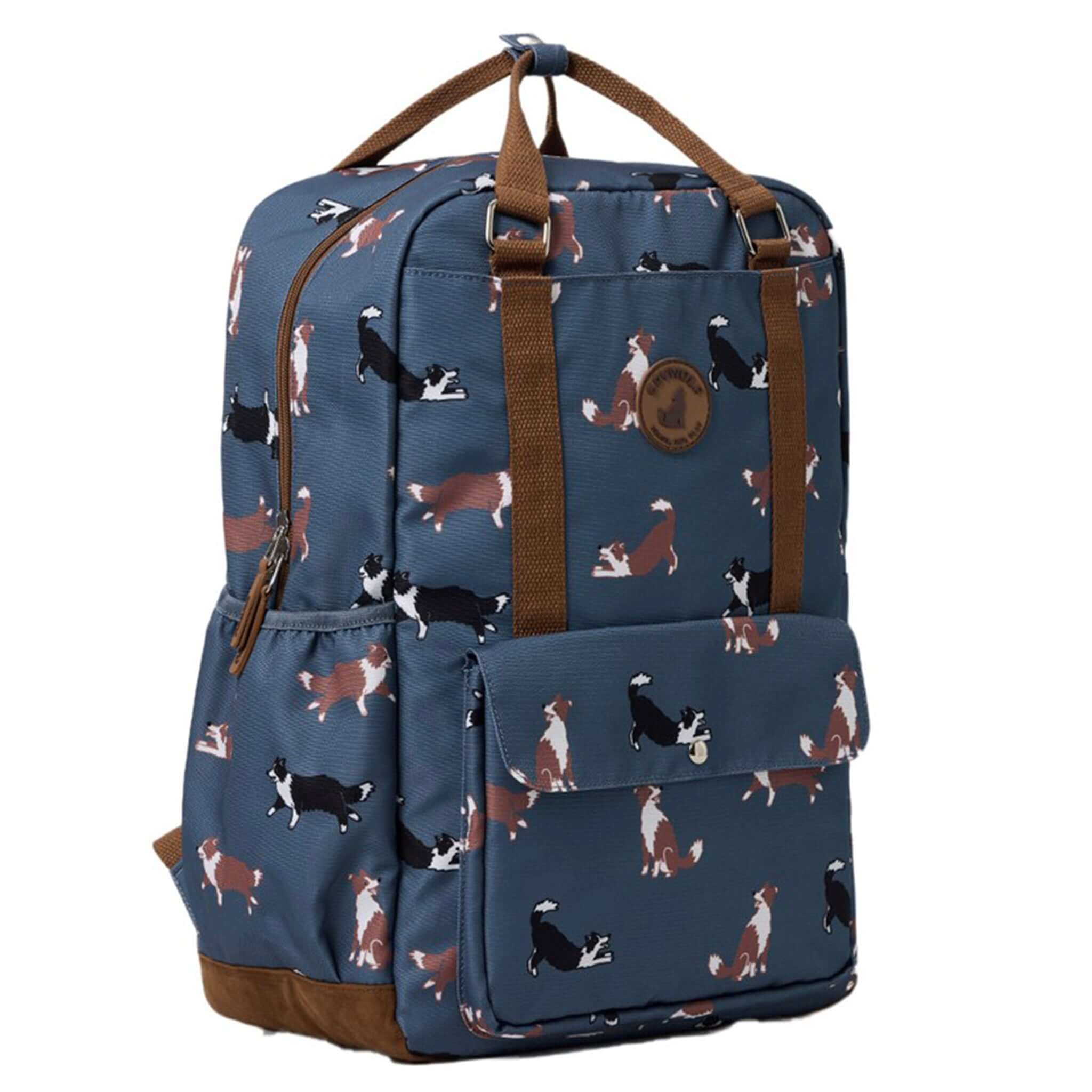 Alt Tag: Crywolf Knapsack - Collies water-resistant kids backpack in blue with collie dog print, recycled materials, roomy school travel bag