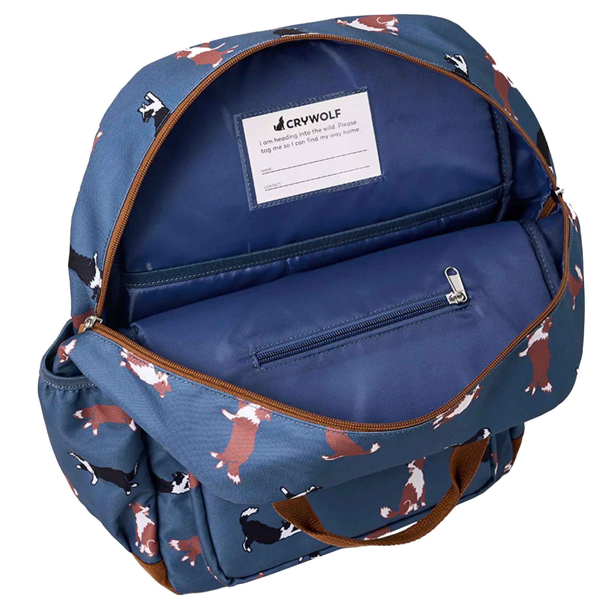 Alt Tag: Crywolf Knapsack - Collies open backpack interior with zip pocket, water-resistant recycled kids bag for school travel