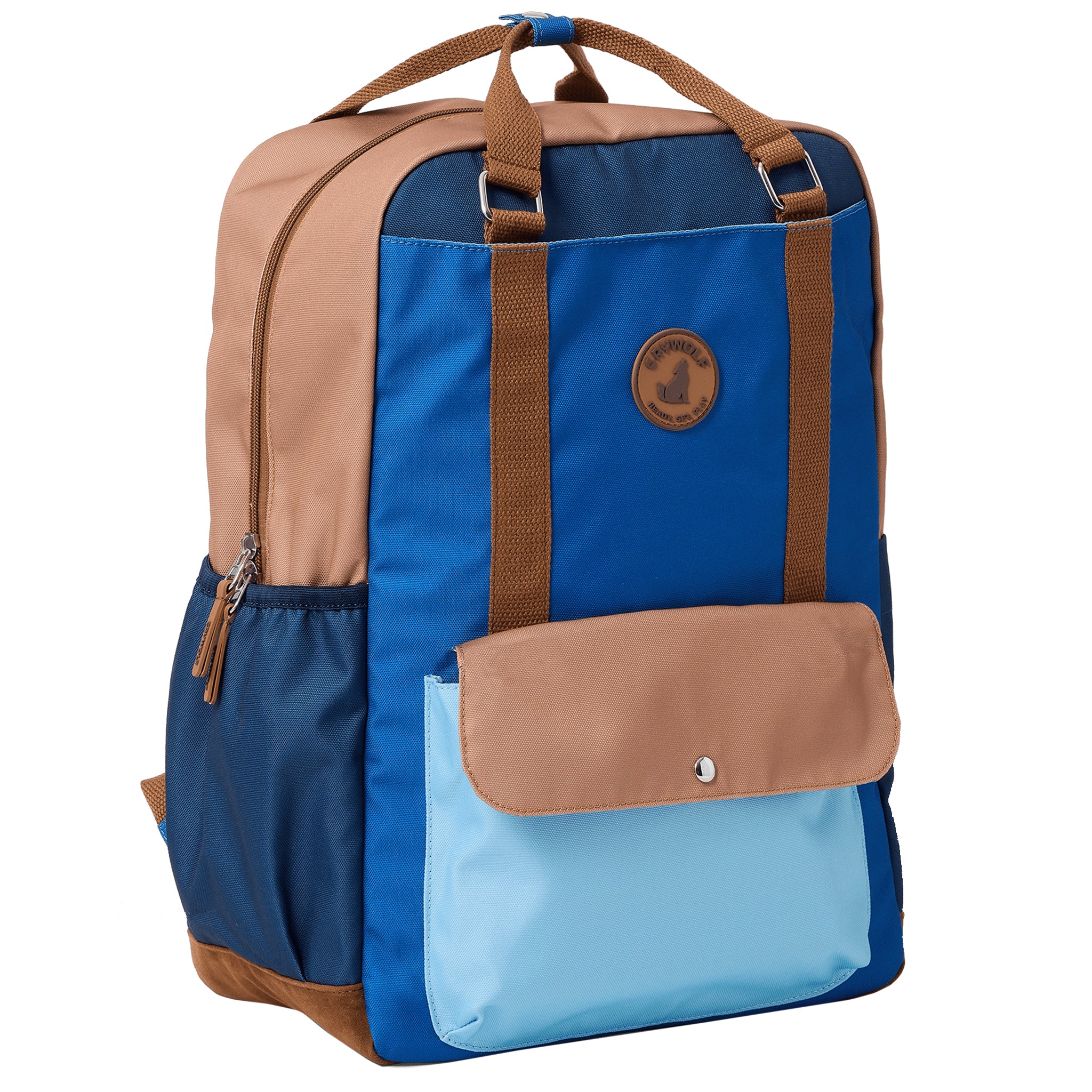 Blue and beige backpack with a visible brand logo on a white background
