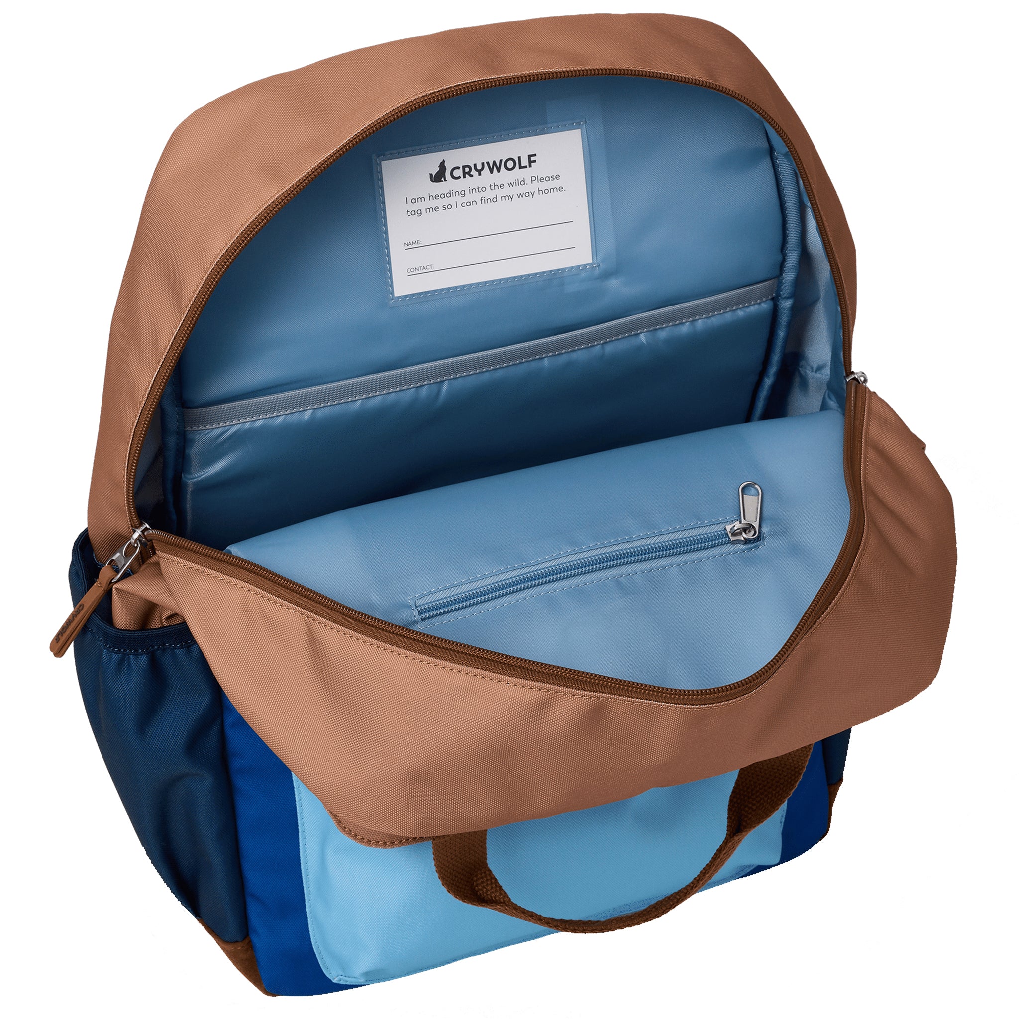Open blue and brown backpack with visible Crywolf label on a white background