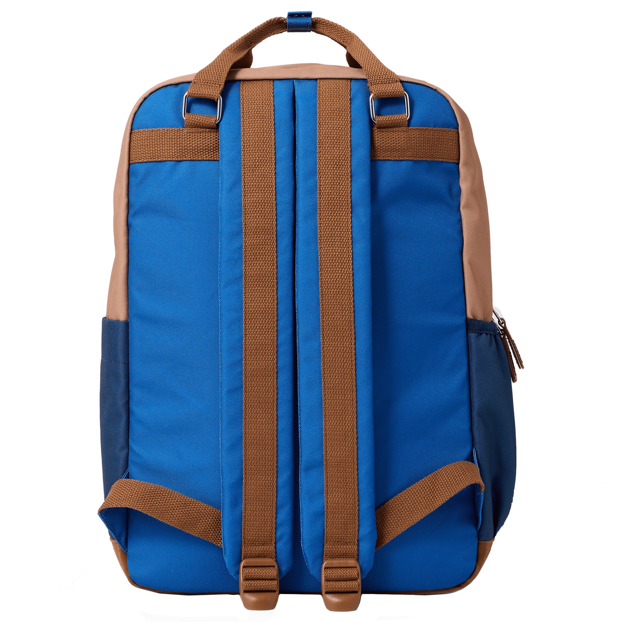 Blue backpack with brown straps on a white background