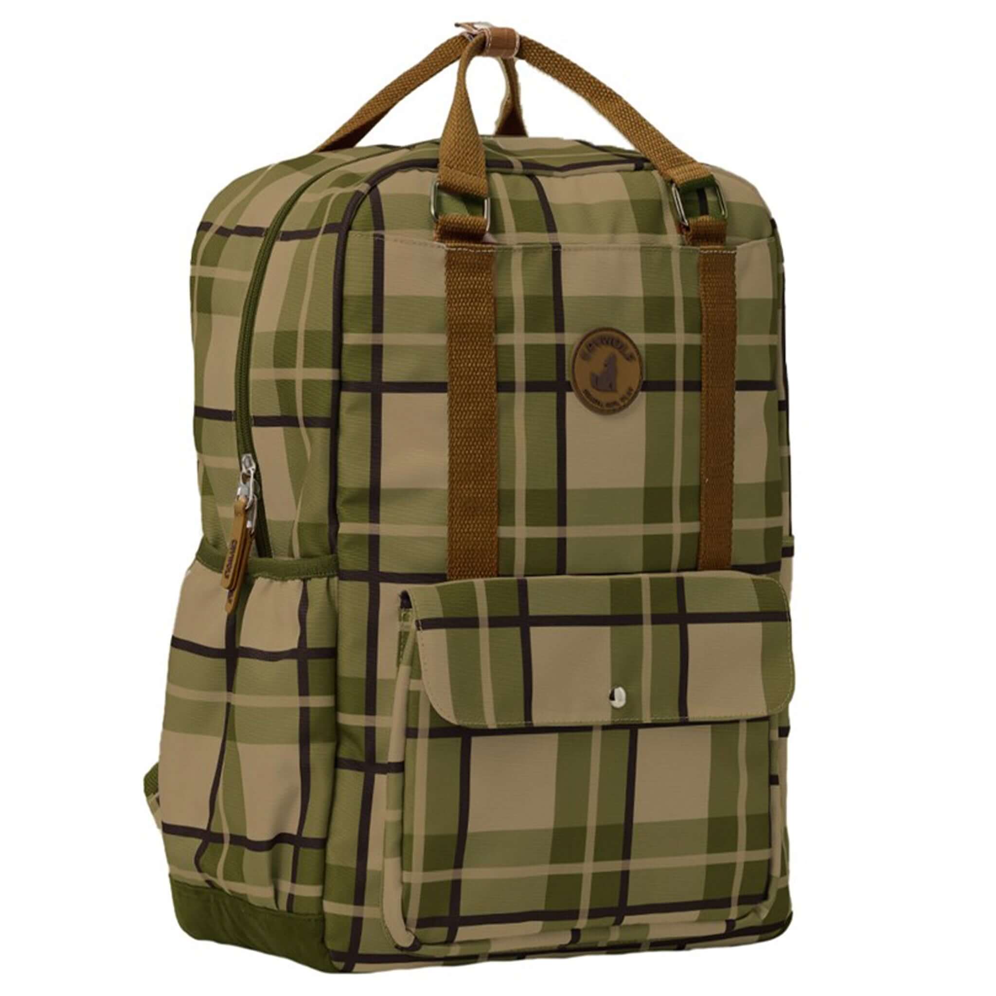 Crywolf Knapsack - Field Plaid water-resistant kids backpack in green plaid with front pocket and sturdy carry handle