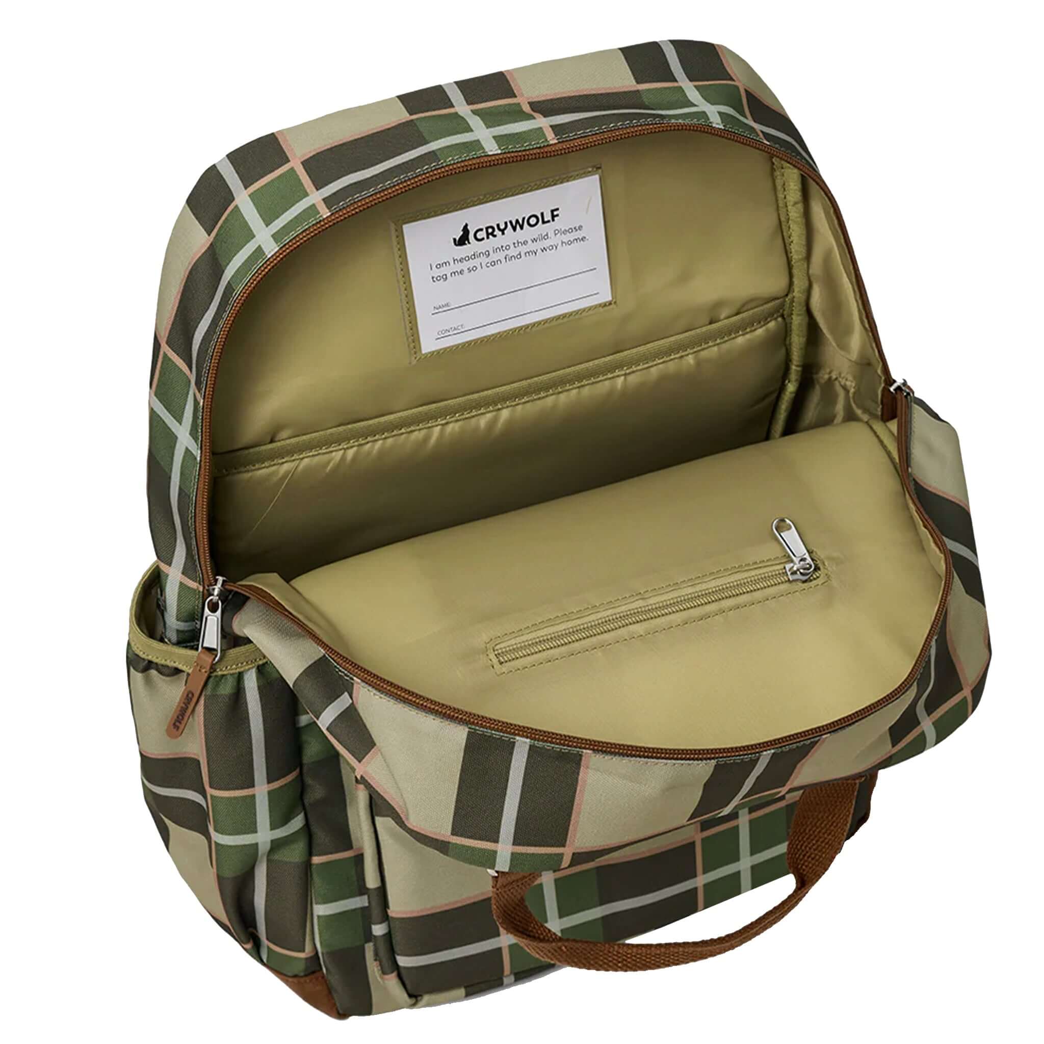 Alt Tag: Crywolf Knapsack - Field Plaid open backpack interior with zip pocket and water-resistant recycled material lining