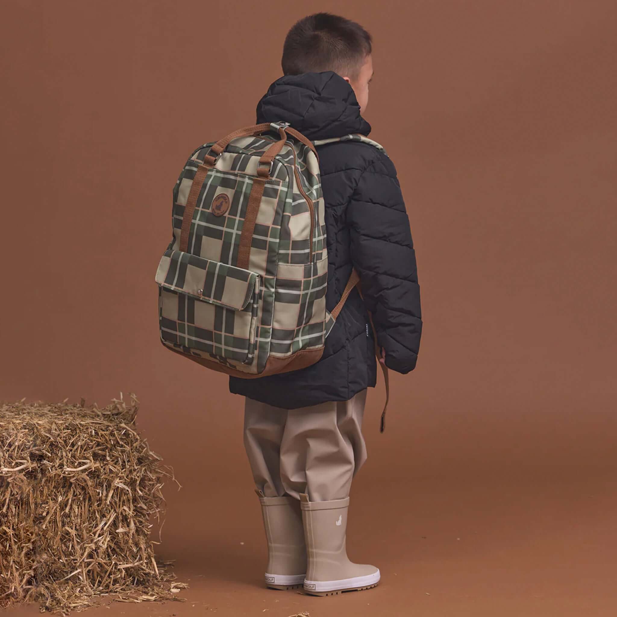 Crywolf Knapsack - Field Plaid kids backpack worn on child, water-resistant eco-friendly recycled material school bag