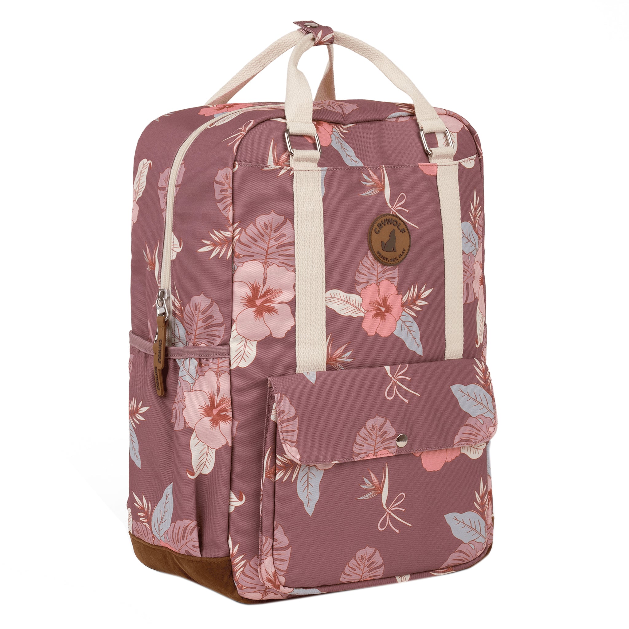 Floral-patterned backpack on a white background