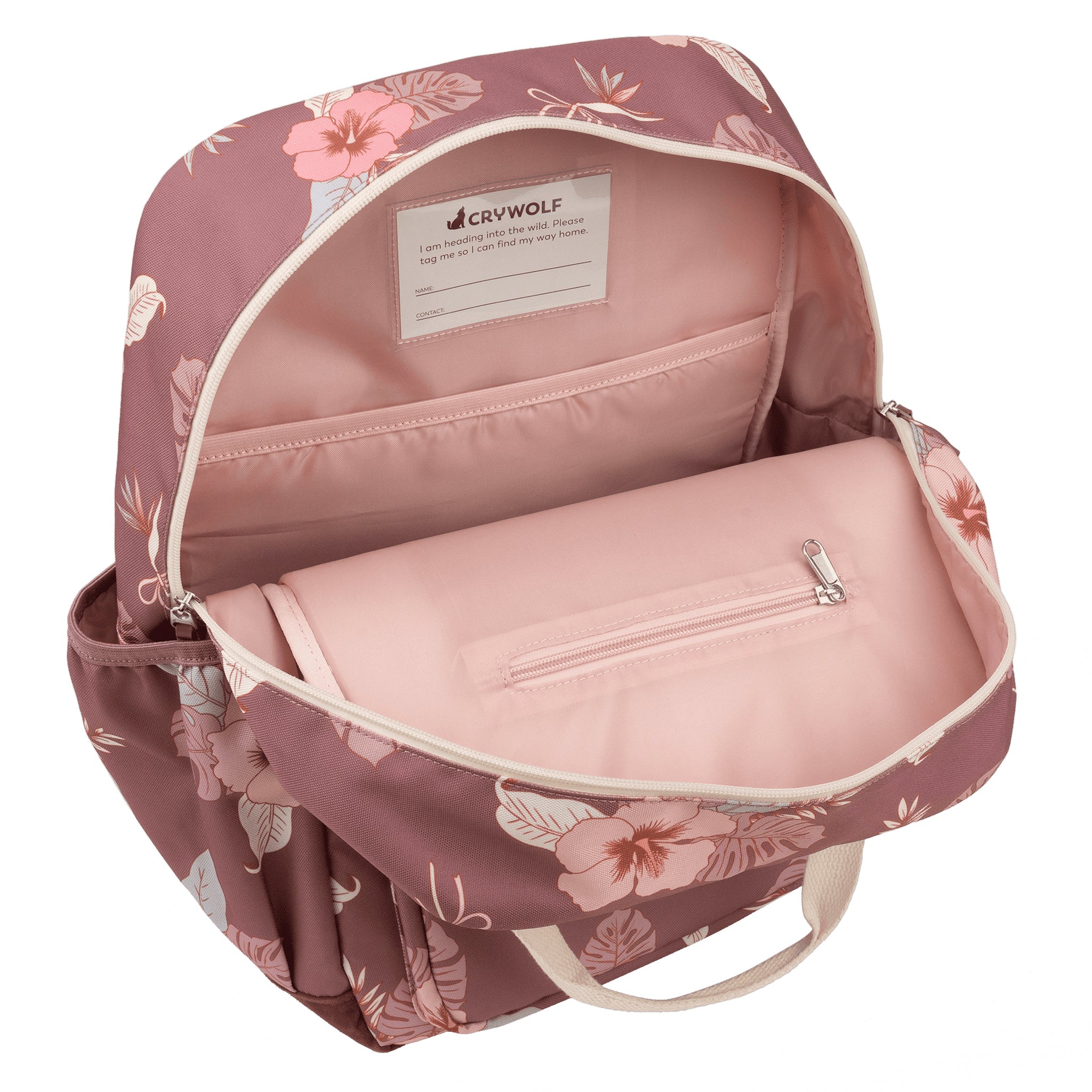 Floral-patterned backpack with a visible brand label on a white background