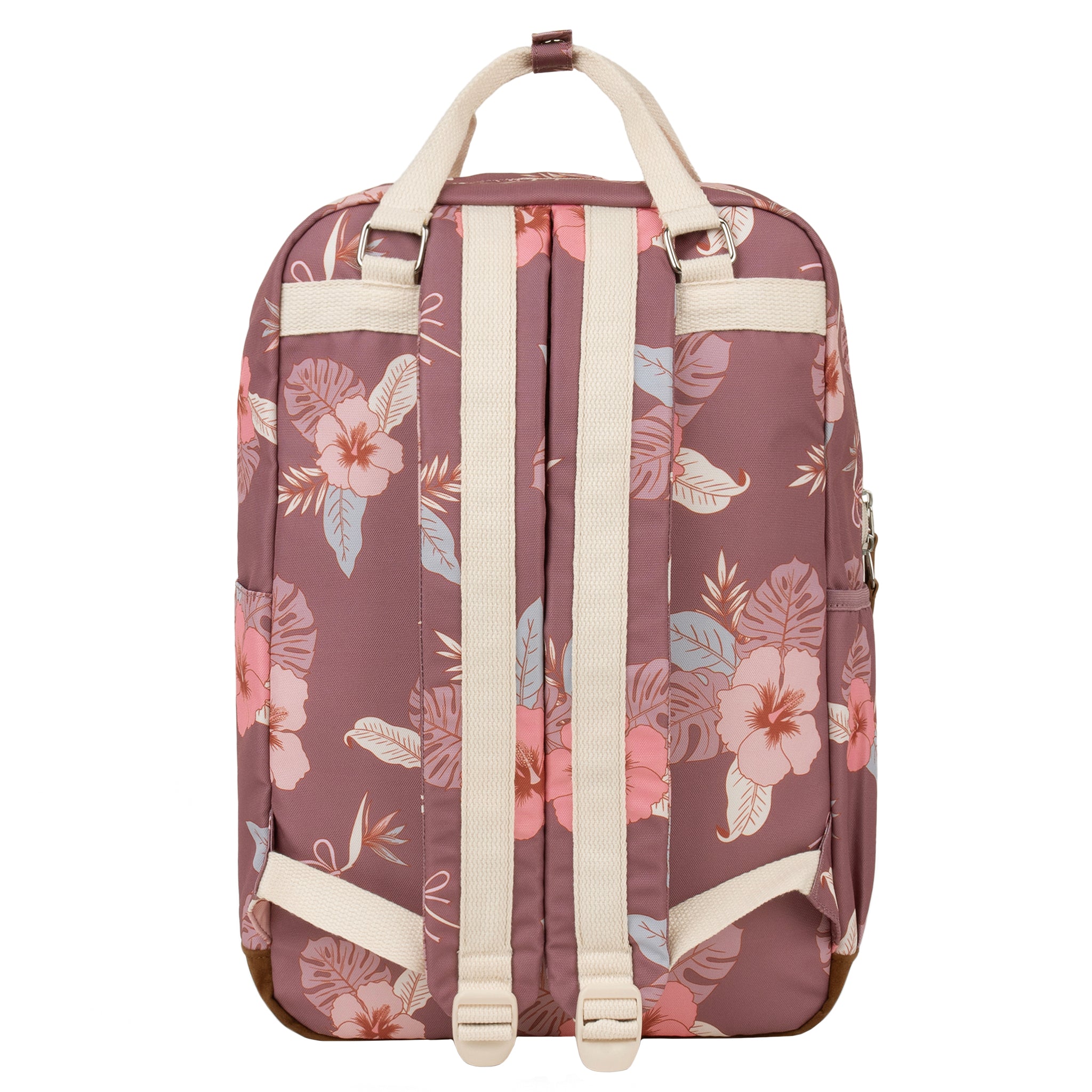 Floral-patterned backpack with beige straps on a white background
