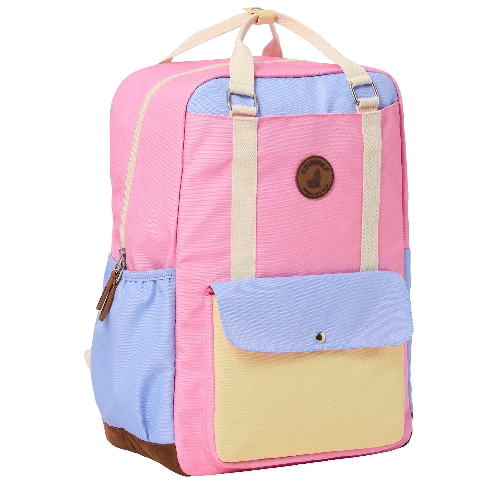 Multicolored backpack with pink, blue, and yellow sections on a white background