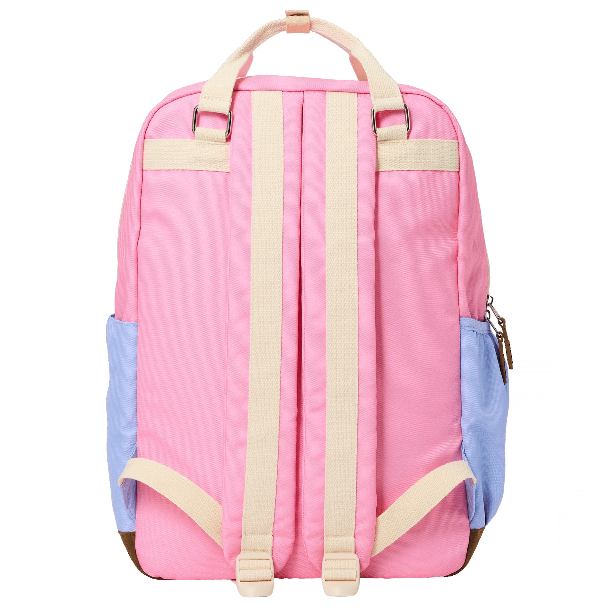 Pink and purple backpack with beige straps on a white background