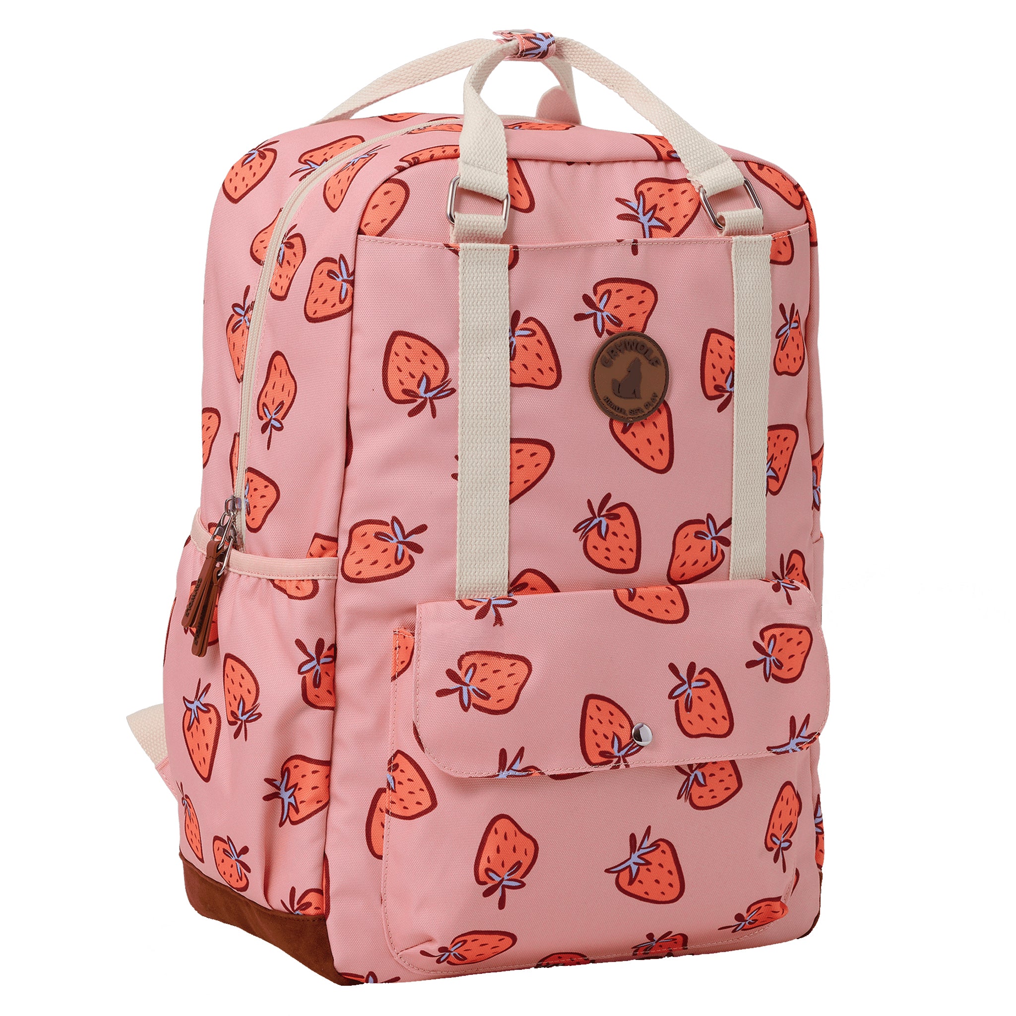 Pink backpack with strawberry pattern on a white background