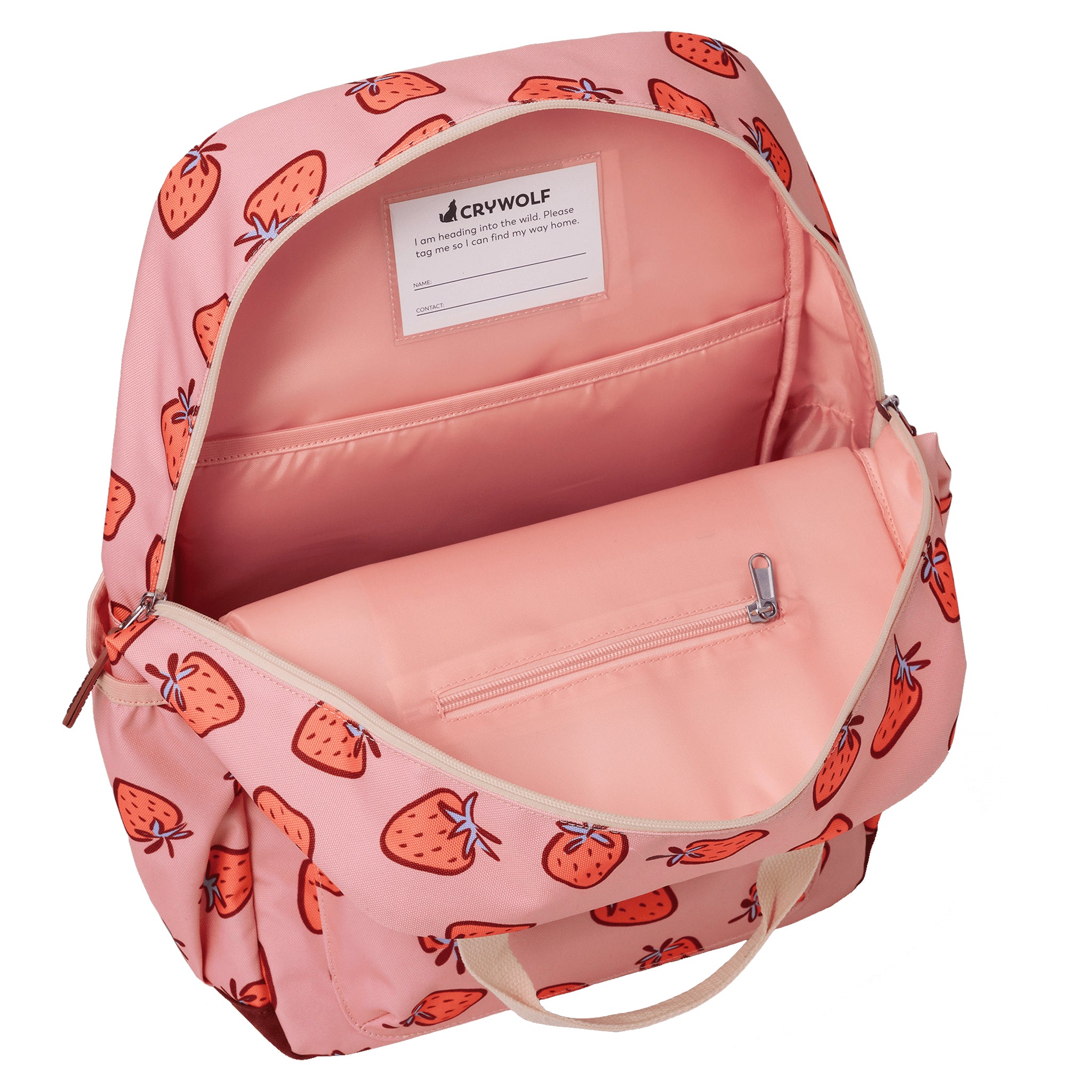 Pink backpack with strawberry pattern on a white background