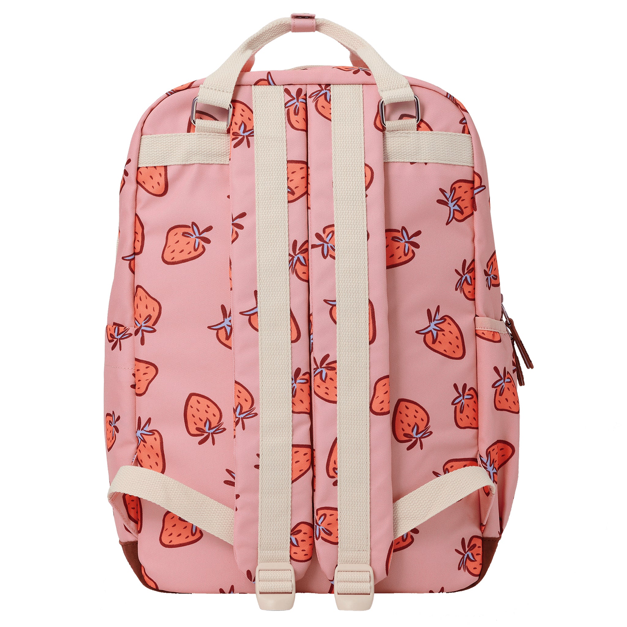 Pink backpack with strawberry pattern on a white background