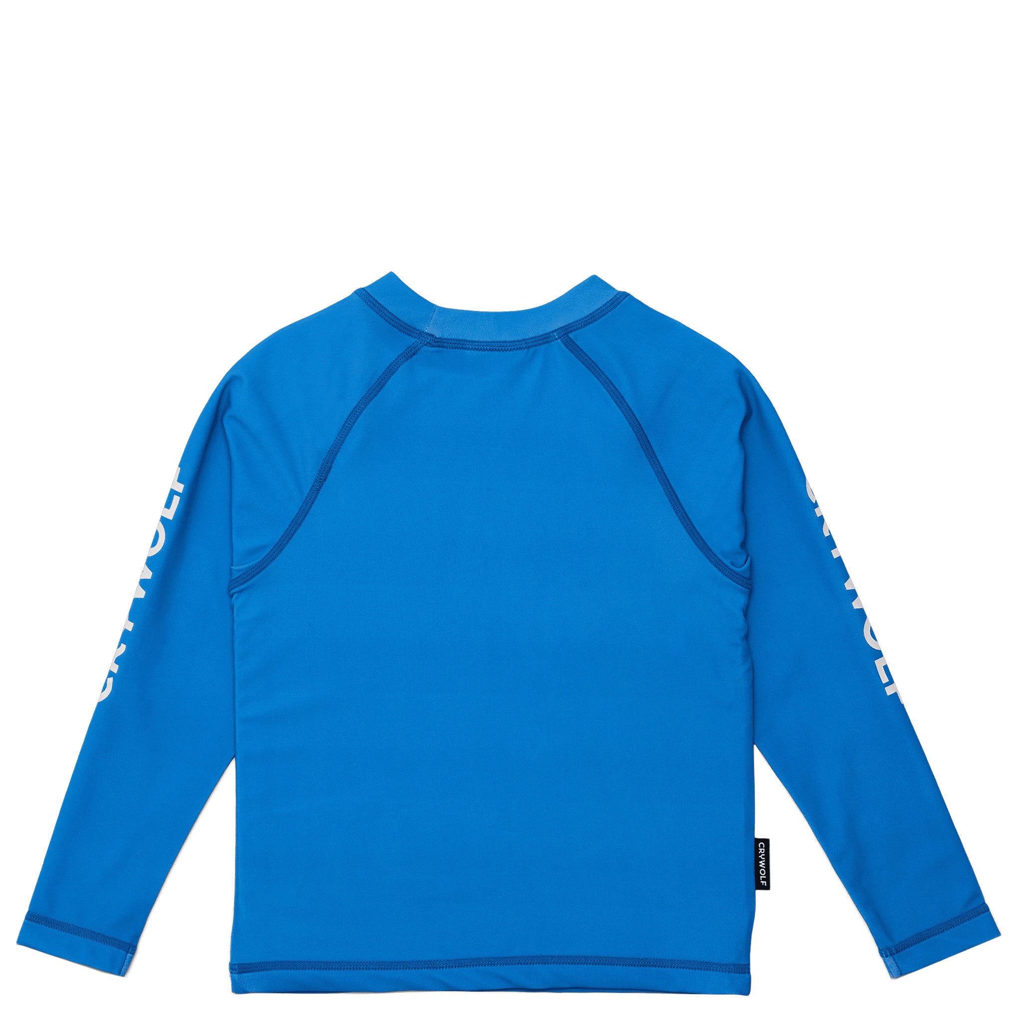 Blue long-sleeve rash vest with a logo and text on a white background